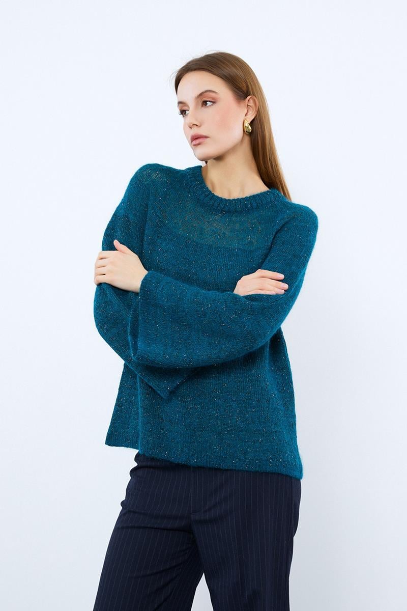 Metalik İpli Sırt Detaylı Bisiklet Yaka Kazak