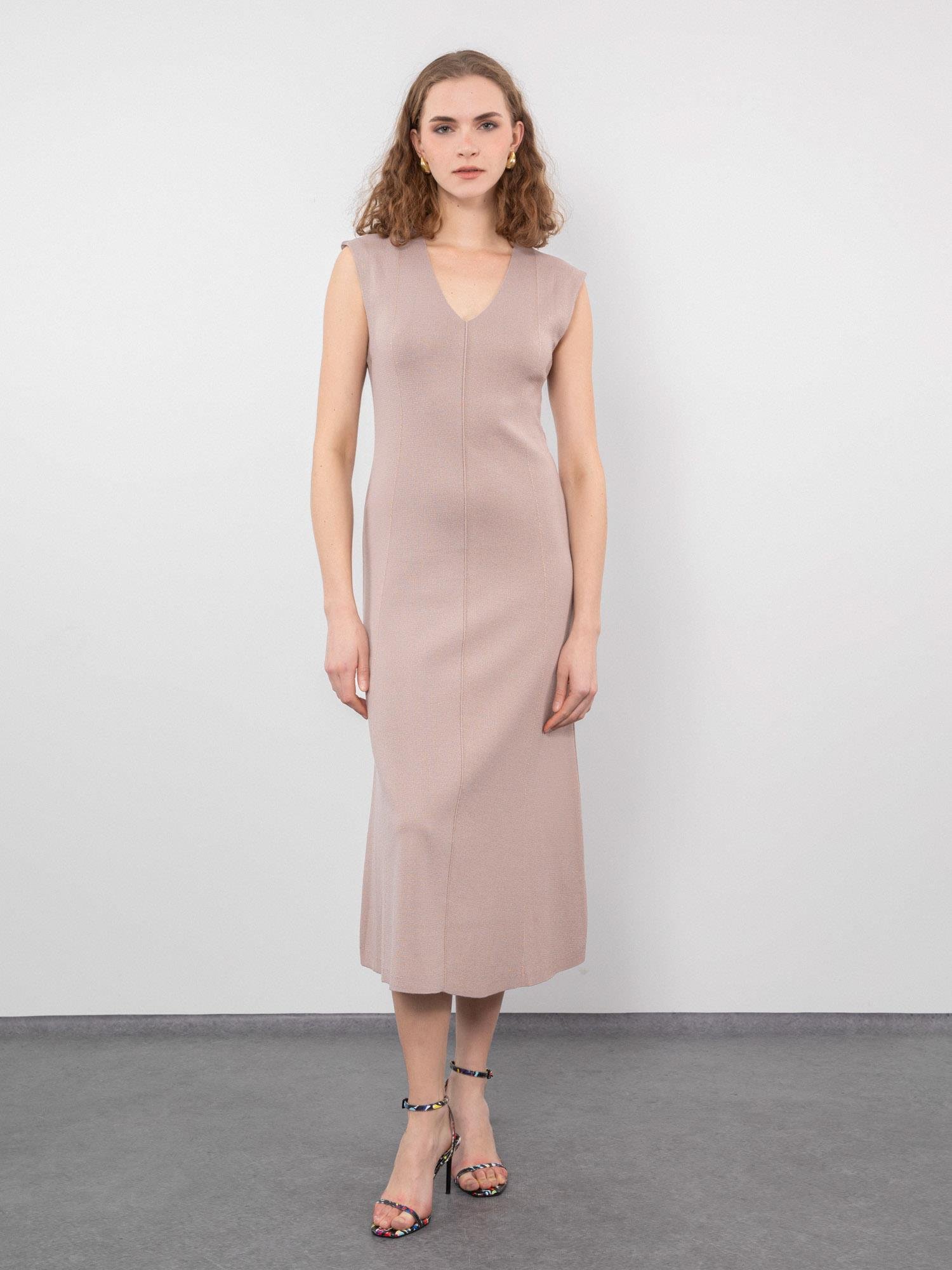 Metallik İpli V yaka Şerit Dikiş Detaylı Elbise