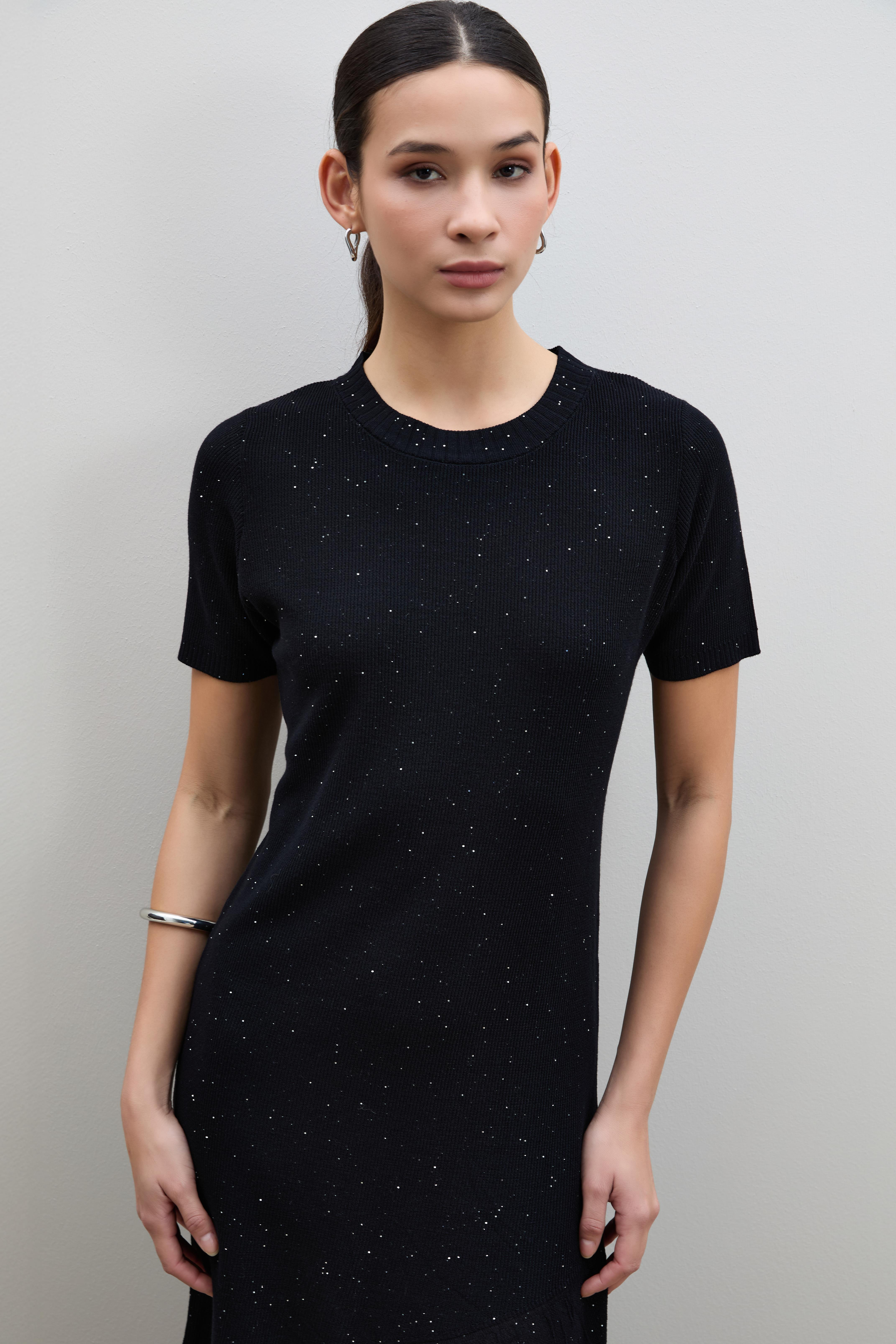 Mini Payetli Asimetrik Midi Elbise