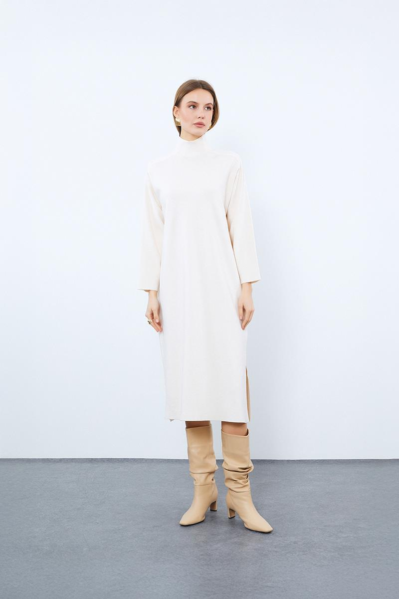Organic Cotton Blend High Neck Dress with Slit Detail