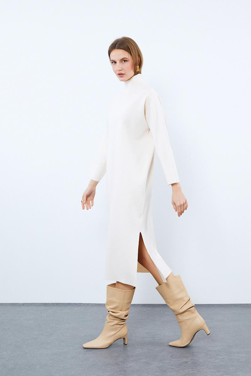 Organic Cotton Blend High Neck Dress with Slit Detail