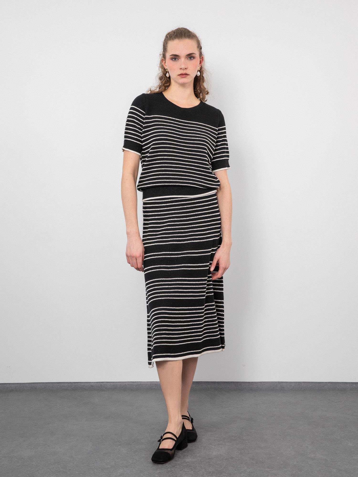 Organik Pamuk Karışımlı Çizgili Zıt Renk Detaylı Etek