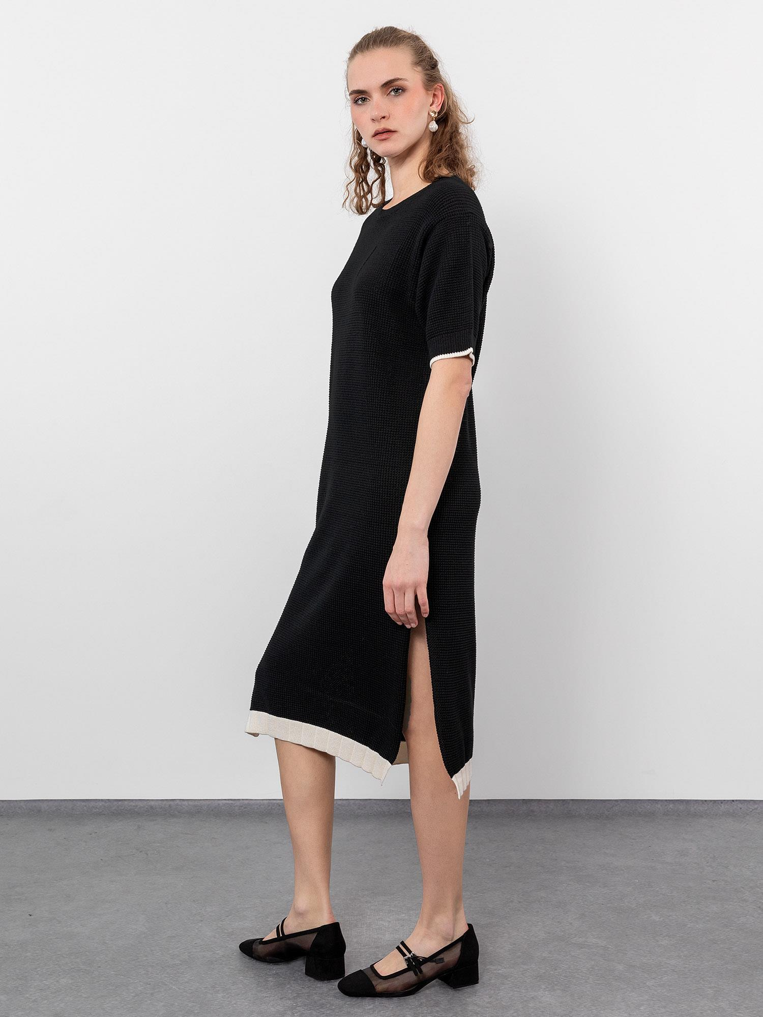 Organic Cotton Blend Textured Dress with Metallic Thread and Contrast Trim Detail