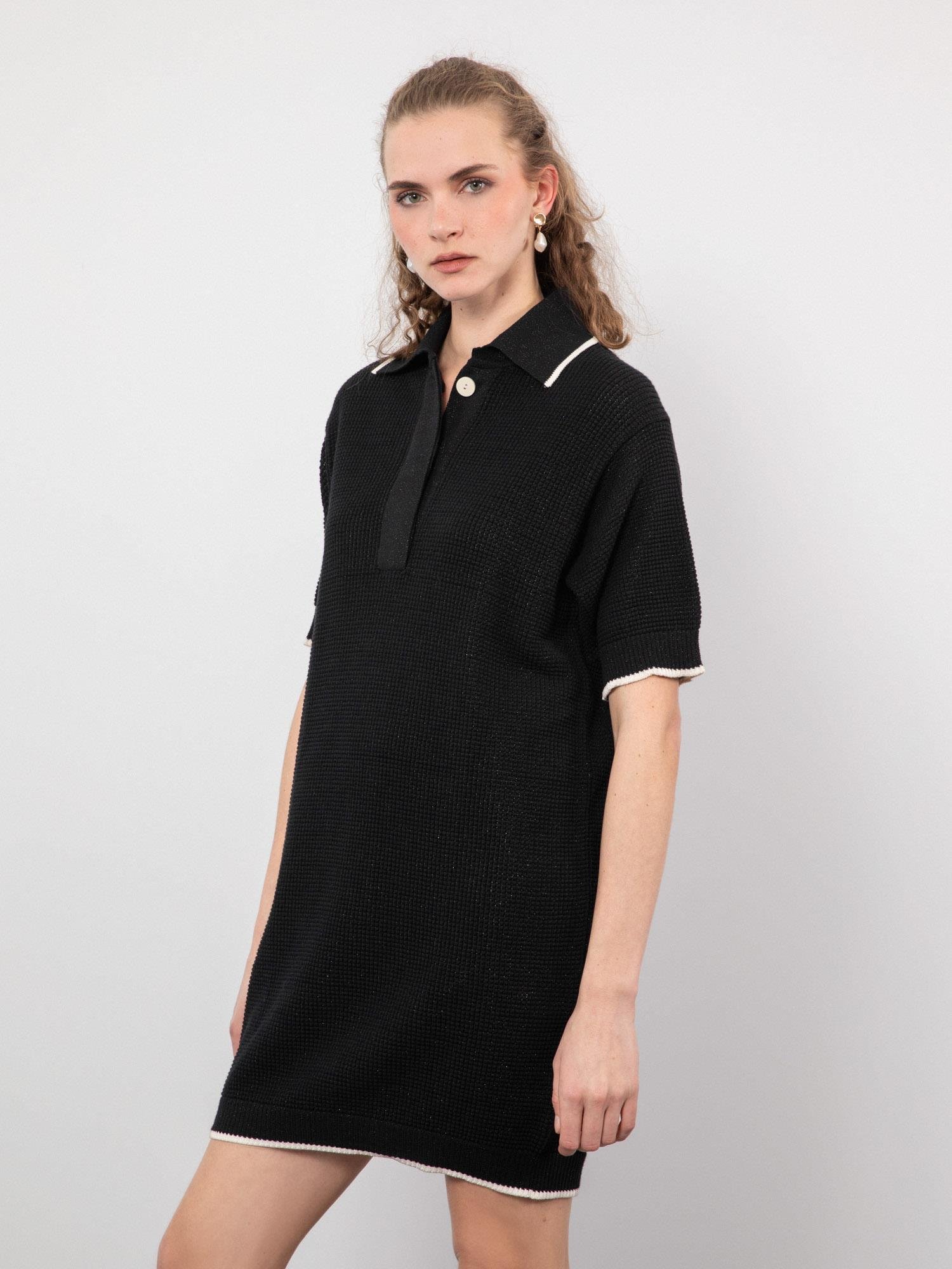 Organik Pamuk Karışımlı Dokulu Polo Yaka Metalik İpli Zıt Renk Detaylı Elbise