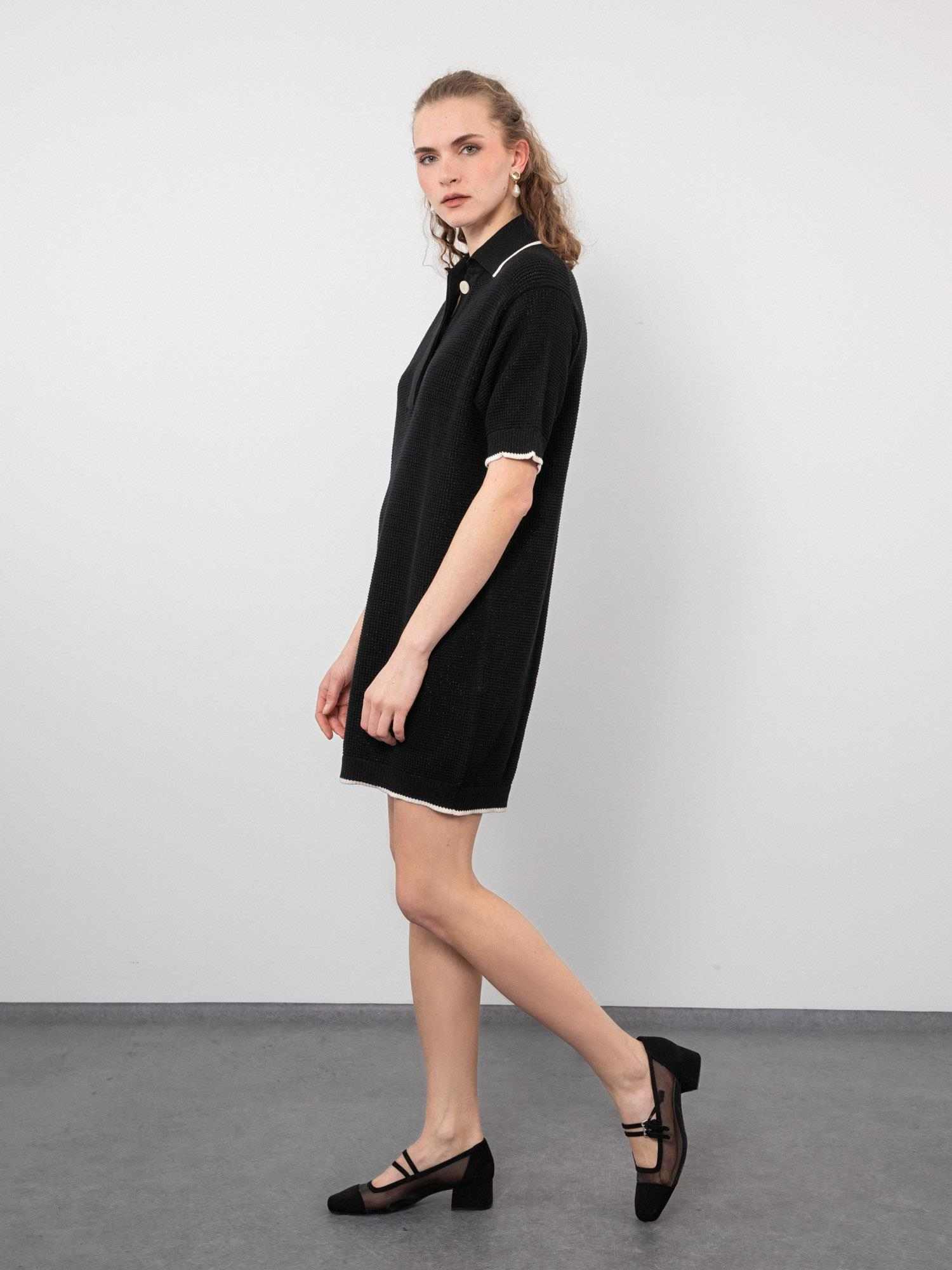 Organik Pamuk Karışımlı Dokulu Polo Yaka Metalik İpli Zıt Renk Detaylı Elbise