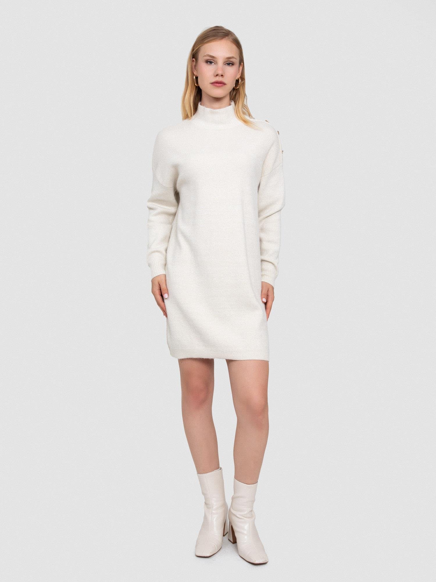 Organik Pamuk Karışımlı Düğme Detaylı Metalik Dokulu  Elbise