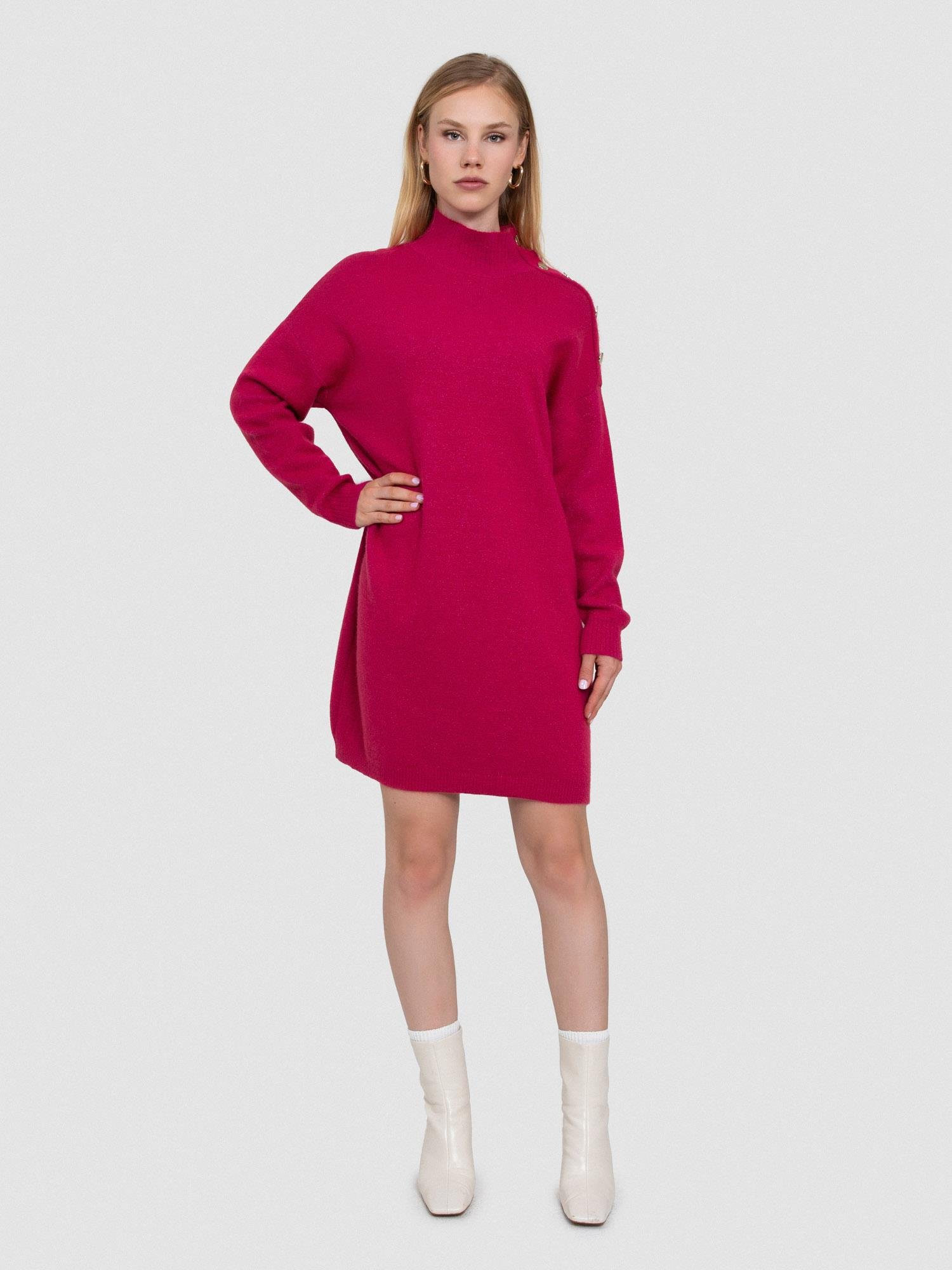 Organik Pamuk Karışımlı Düğme Detaylı Metalik Dokulu  Elbise