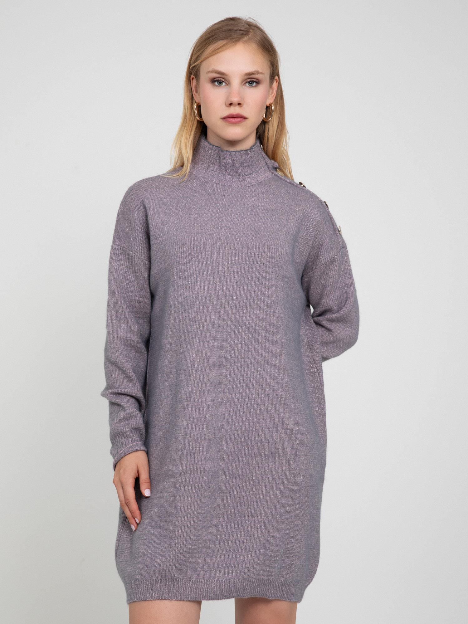 Organik Pamuk Karışımlı Düğme Detaylı Metalik Dokulu  Elbise