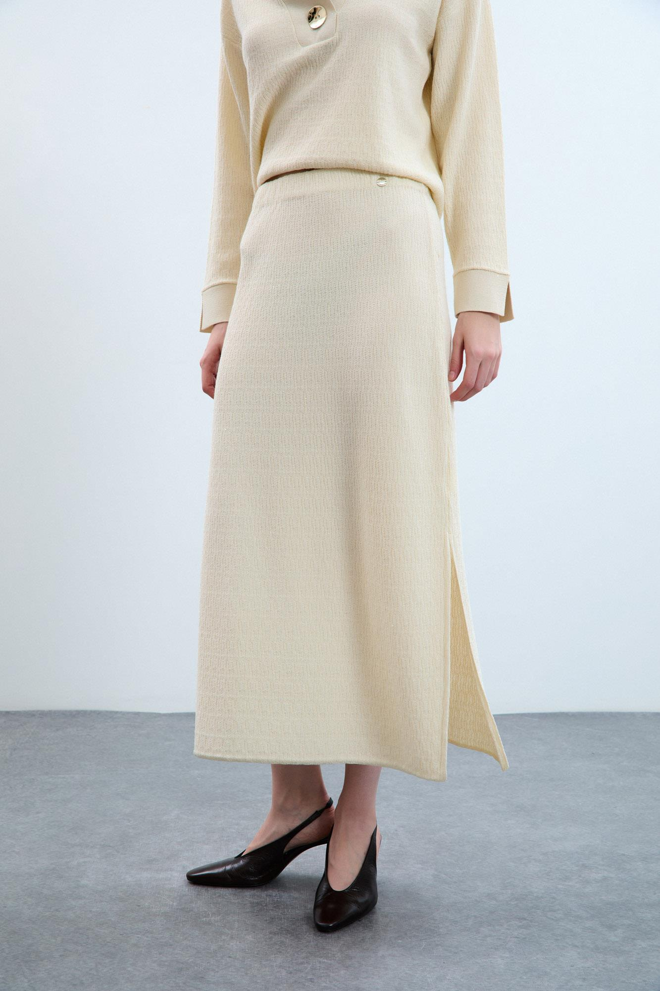 Organik Pamuk Karışımlı Pullu Yırtmaçlı Midi Etek