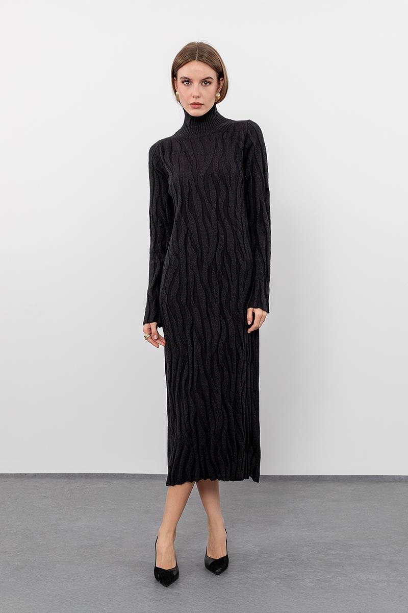 Organik Pamuk ve Yün Karışımlı Metalik İpli Balıkçı Yaka Elbise