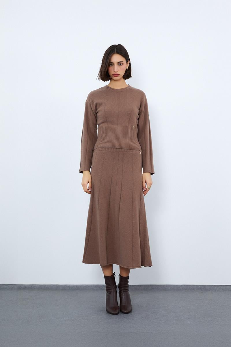 Organik Yün ve Organik Pamuk Karışımlı Şerit Örgü Midi Etek