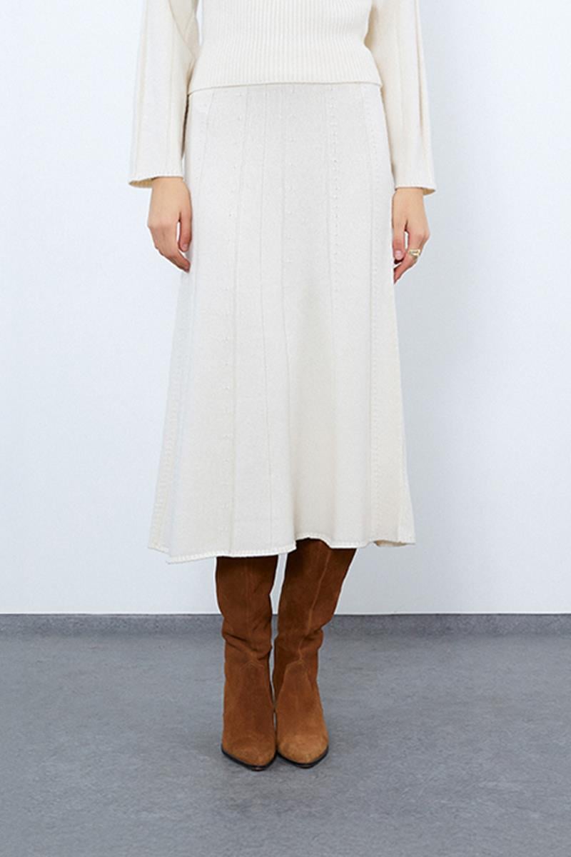 Organik Yün ve Organik Pamuk Karışımlı Şerit Örgü Midi Etek