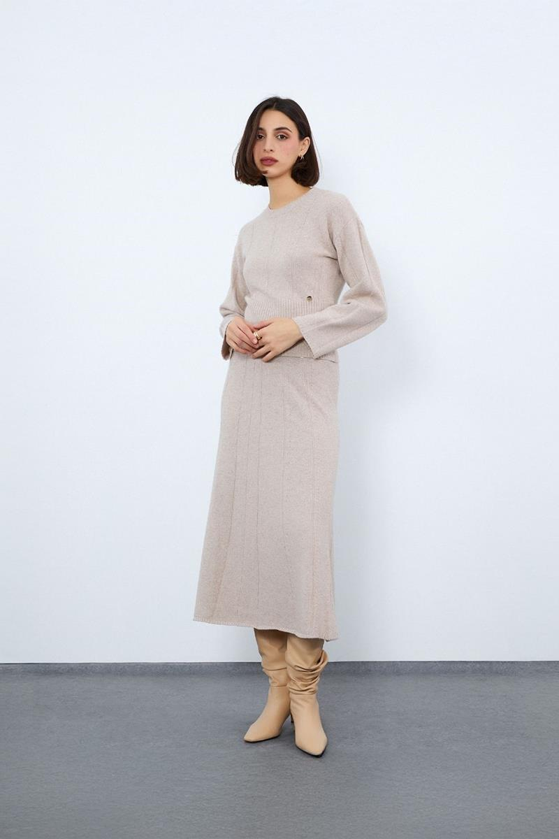 Organik Yün ve Organik Pamuk Karışımlı Şerit Örgü Midi Etek