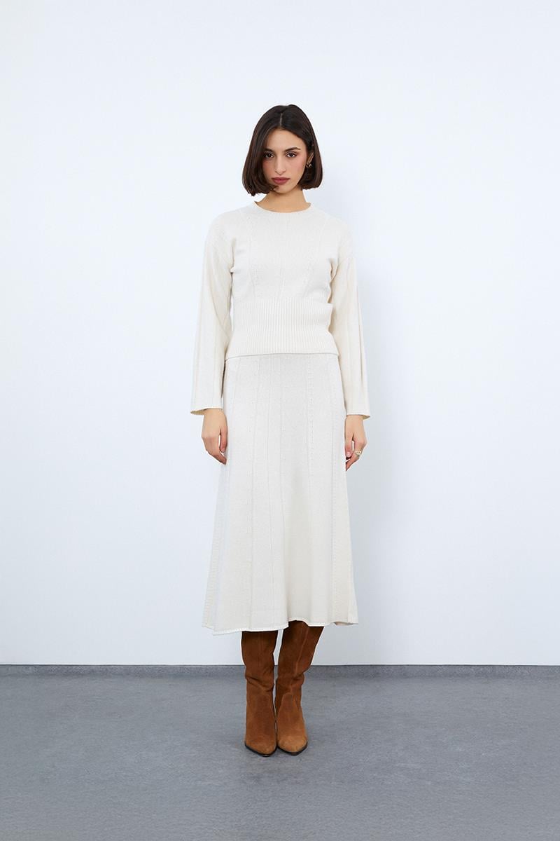 Organik Yün ve Organik Pamuk Karışımlı Şerit Örgü Detaylı Kazak