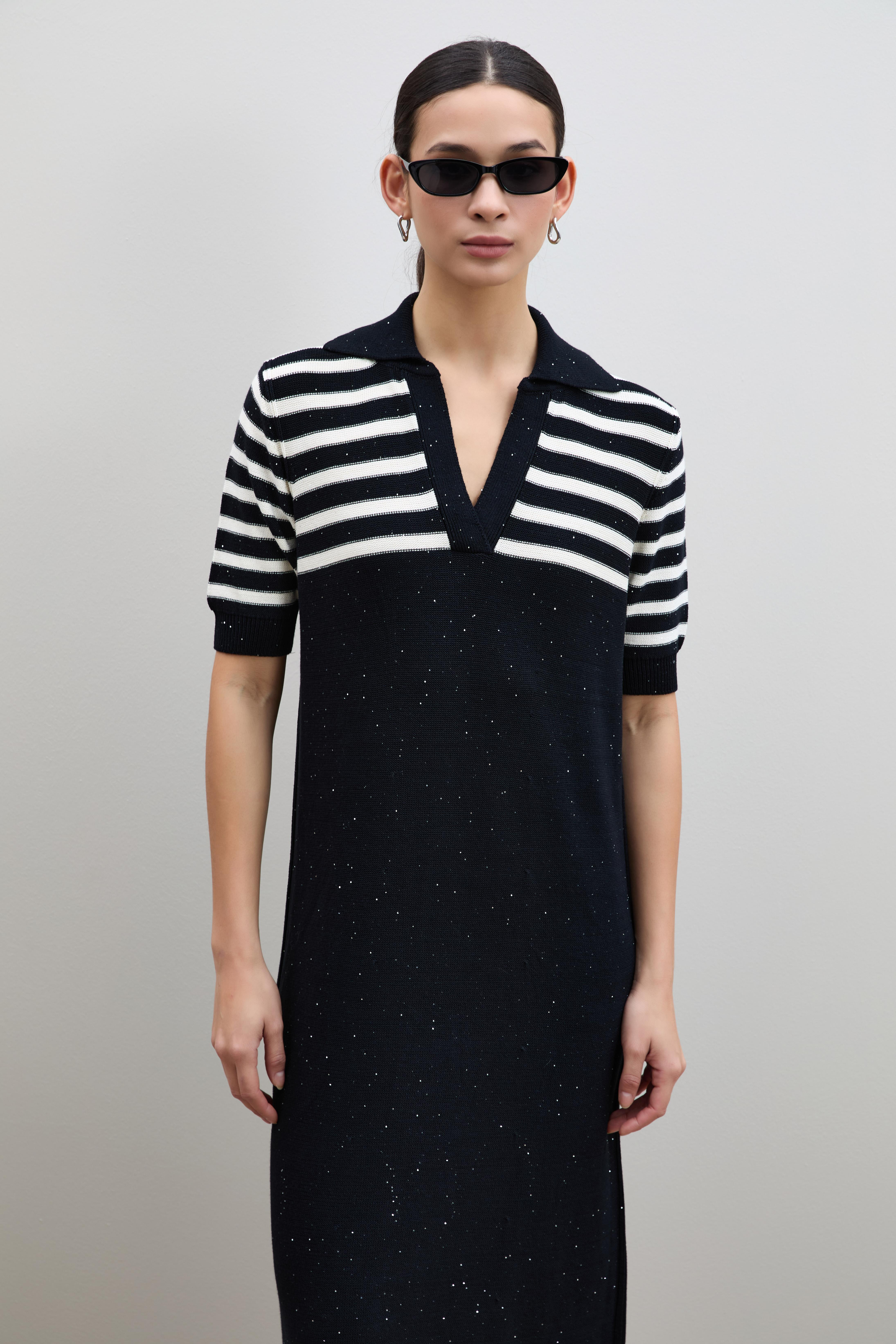 Polo Yaka Mini Payetli Çizgi Detaylı Midi Elbise