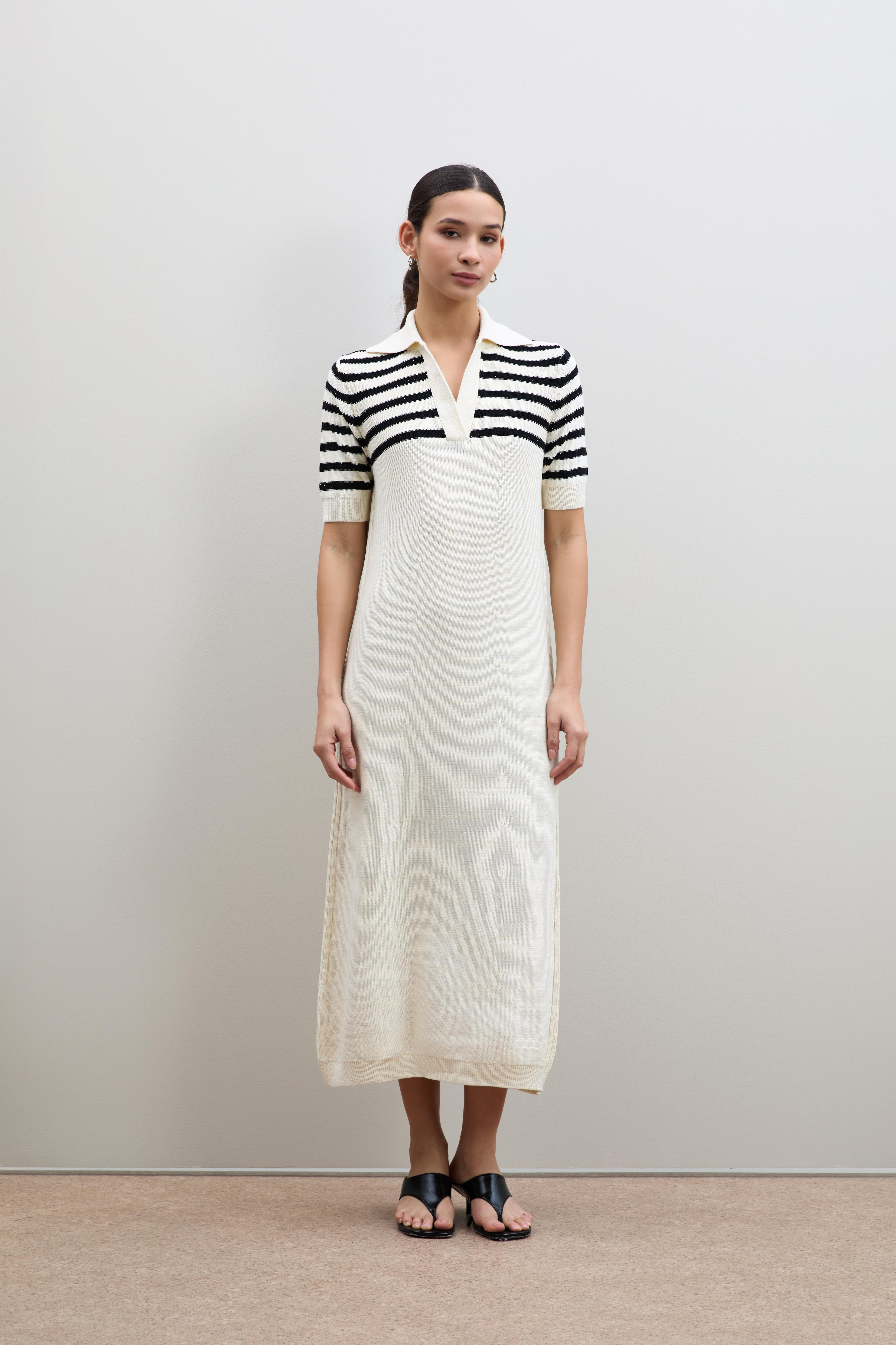 Polo Yaka Mini Payetli Çizgi Detaylı Midi Elbise