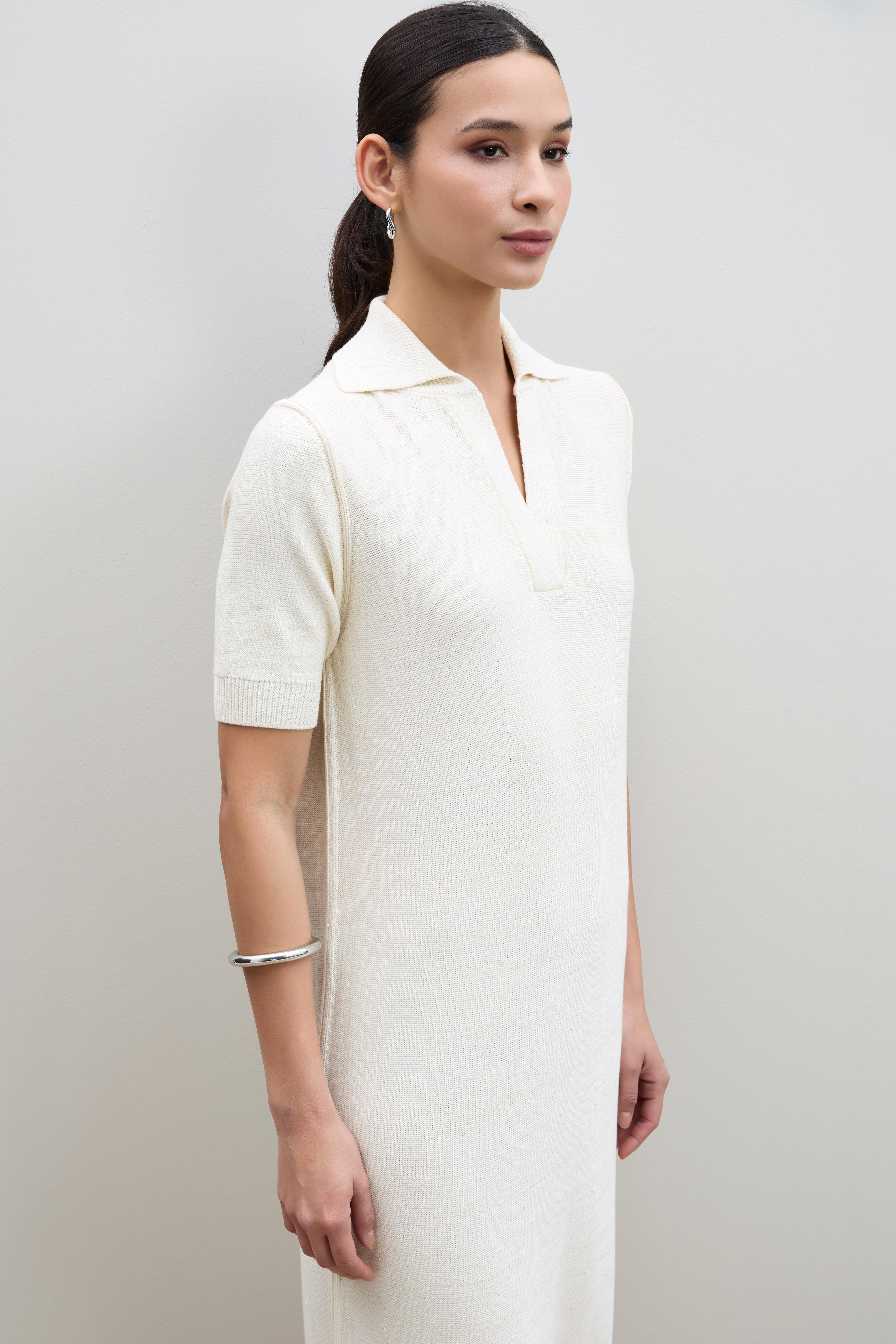 Polo Yaka Mini Payetli Midi Elbise