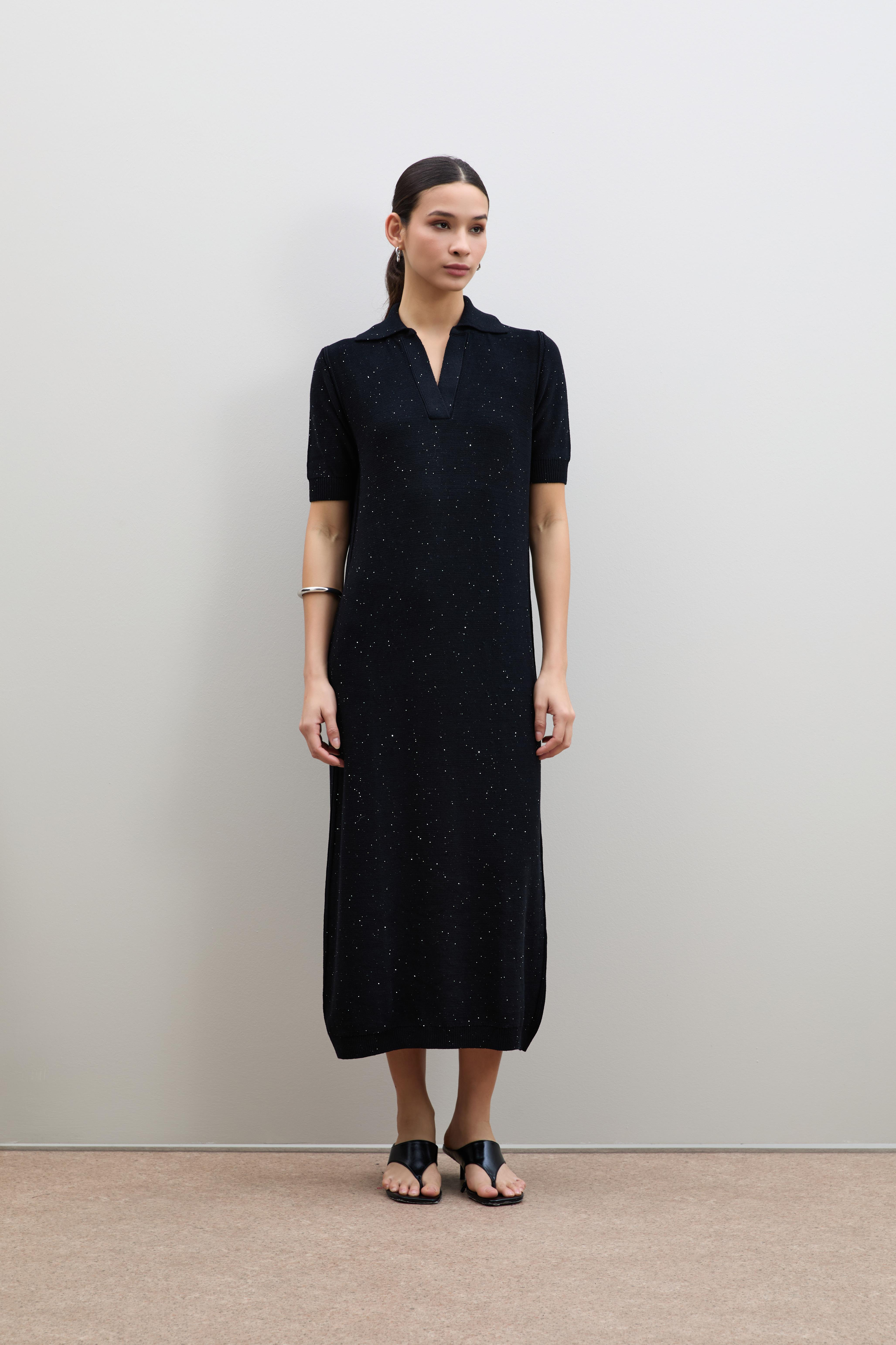 Polo Yaka Mini Payetli Midi Elbise