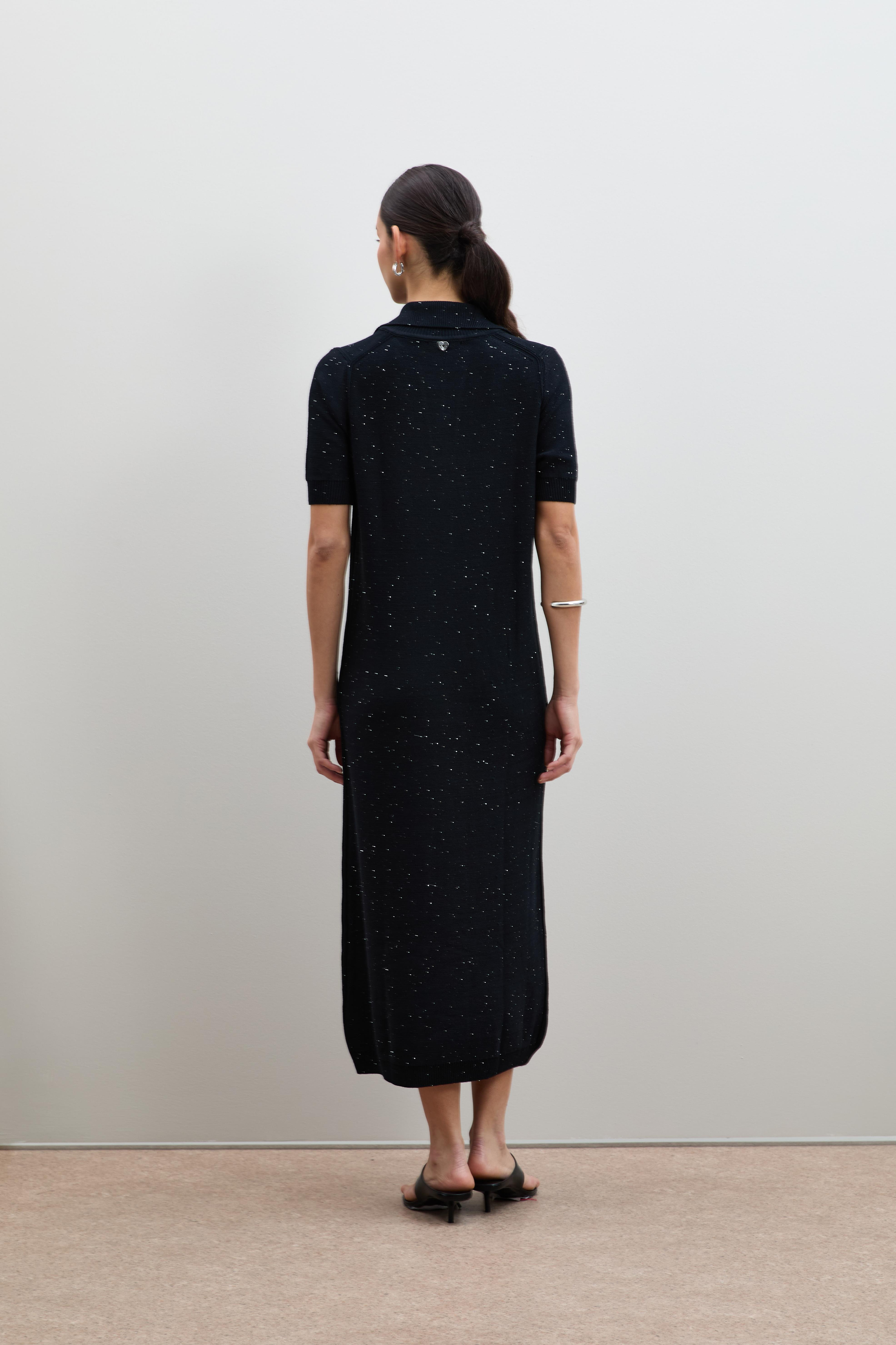 Polo Yaka Mini Payetli Midi Elbise