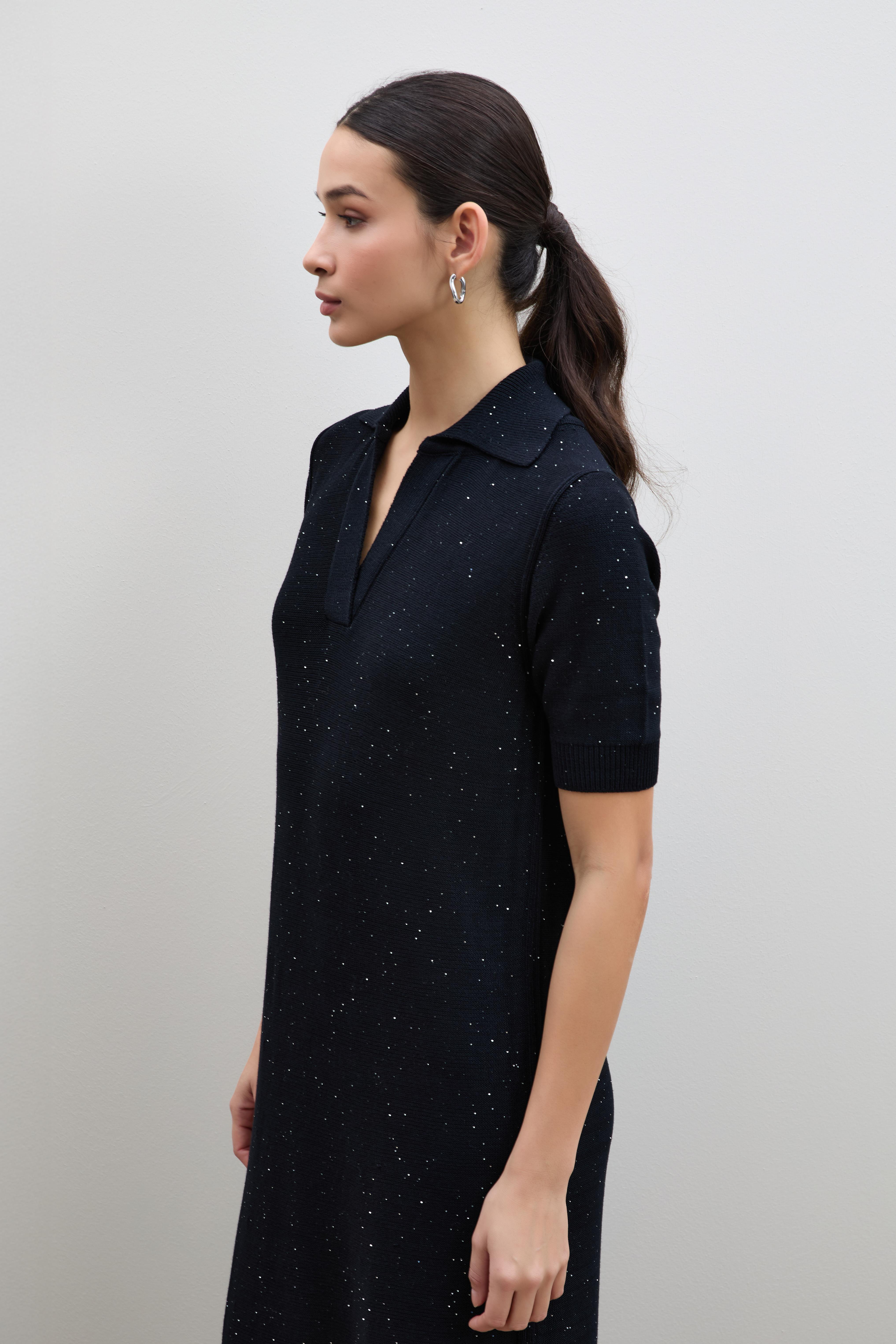 Polo Yaka Mini Payetli Midi Elbise