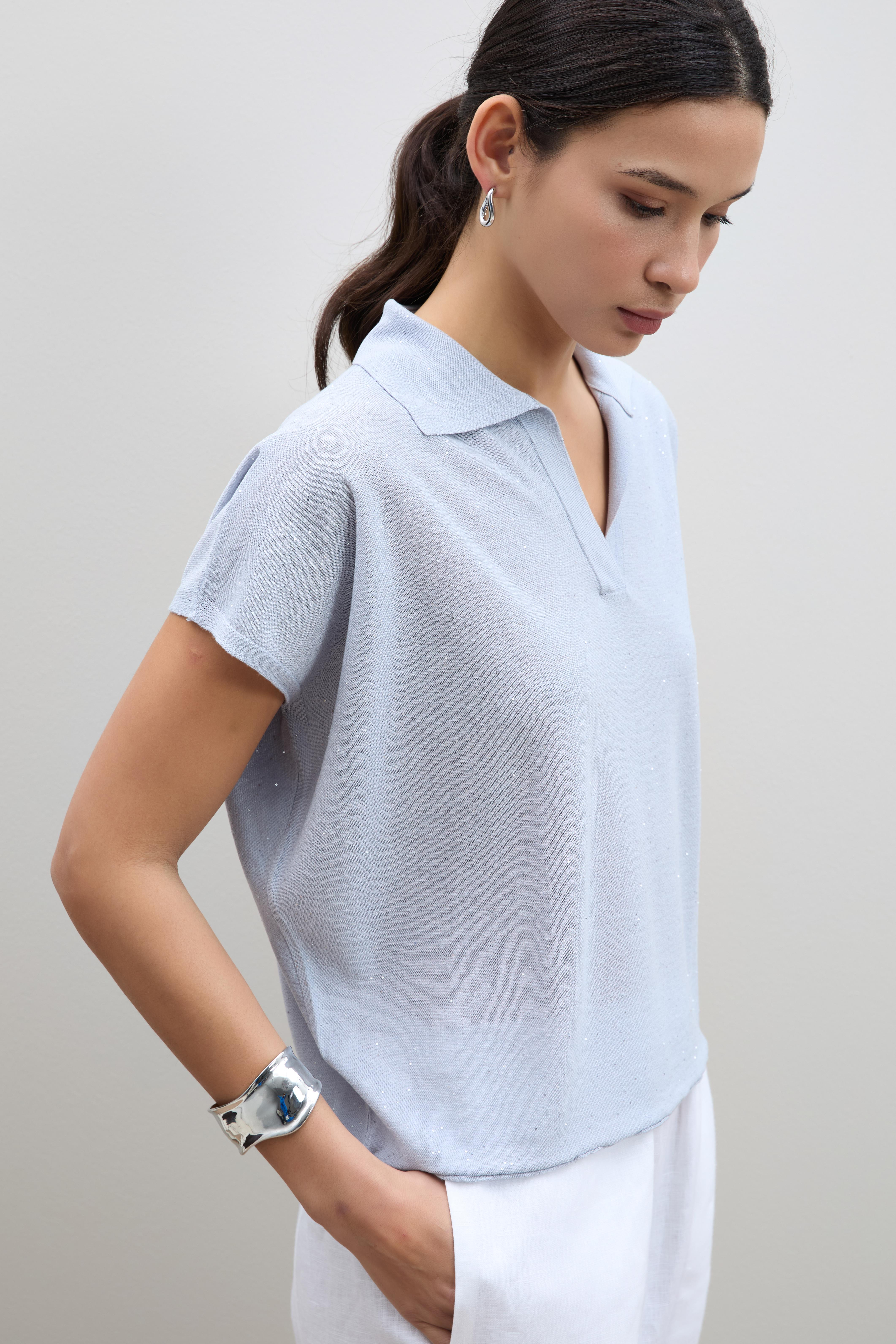 Polo Yaka Mini Payetli Şerit Detaylı Kazak