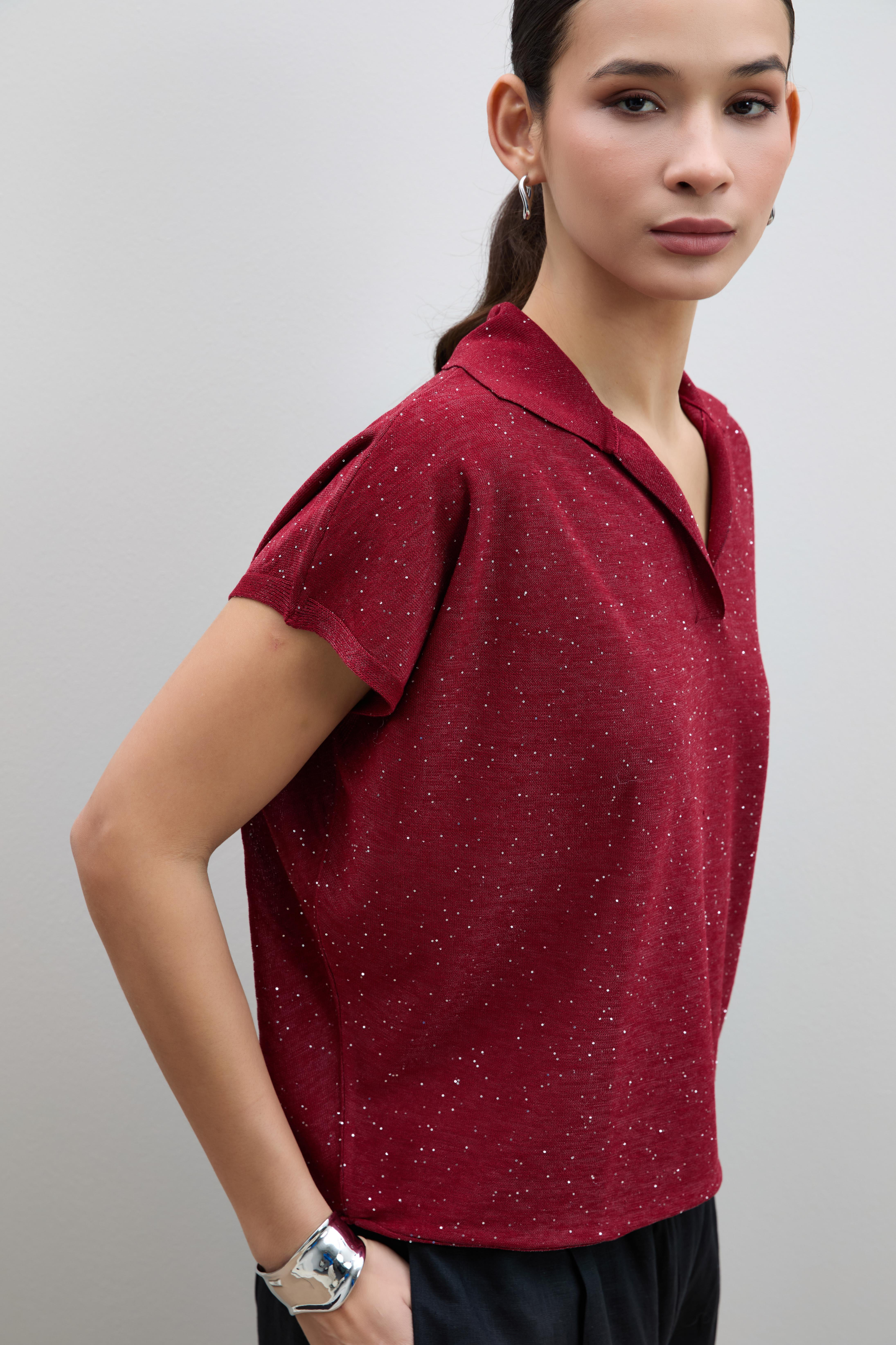 Polo Yaka Mini Payetli Şerit Detaylı Kazak