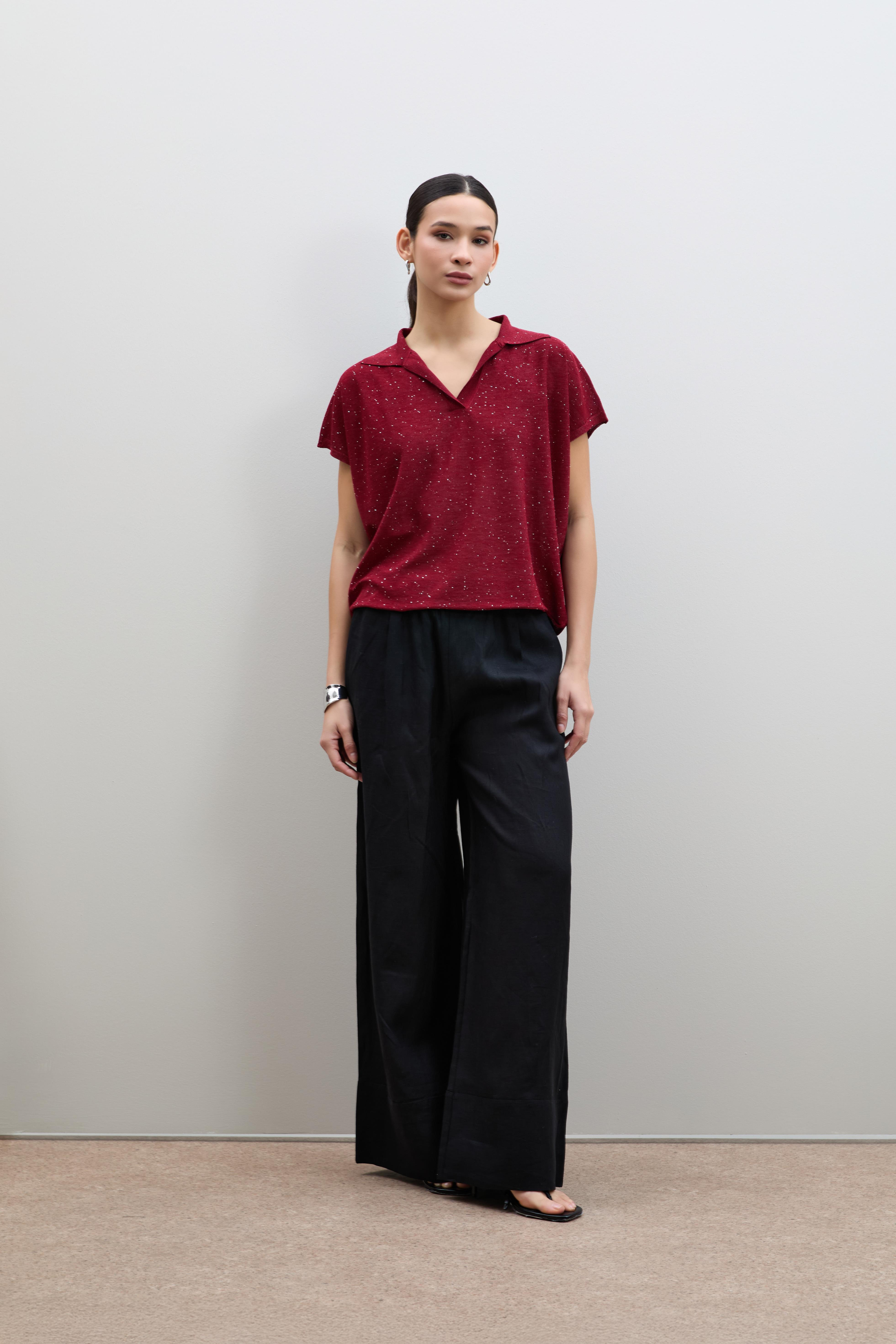 Polo Yaka Mini Payetli Şerit Detaylı Kazak