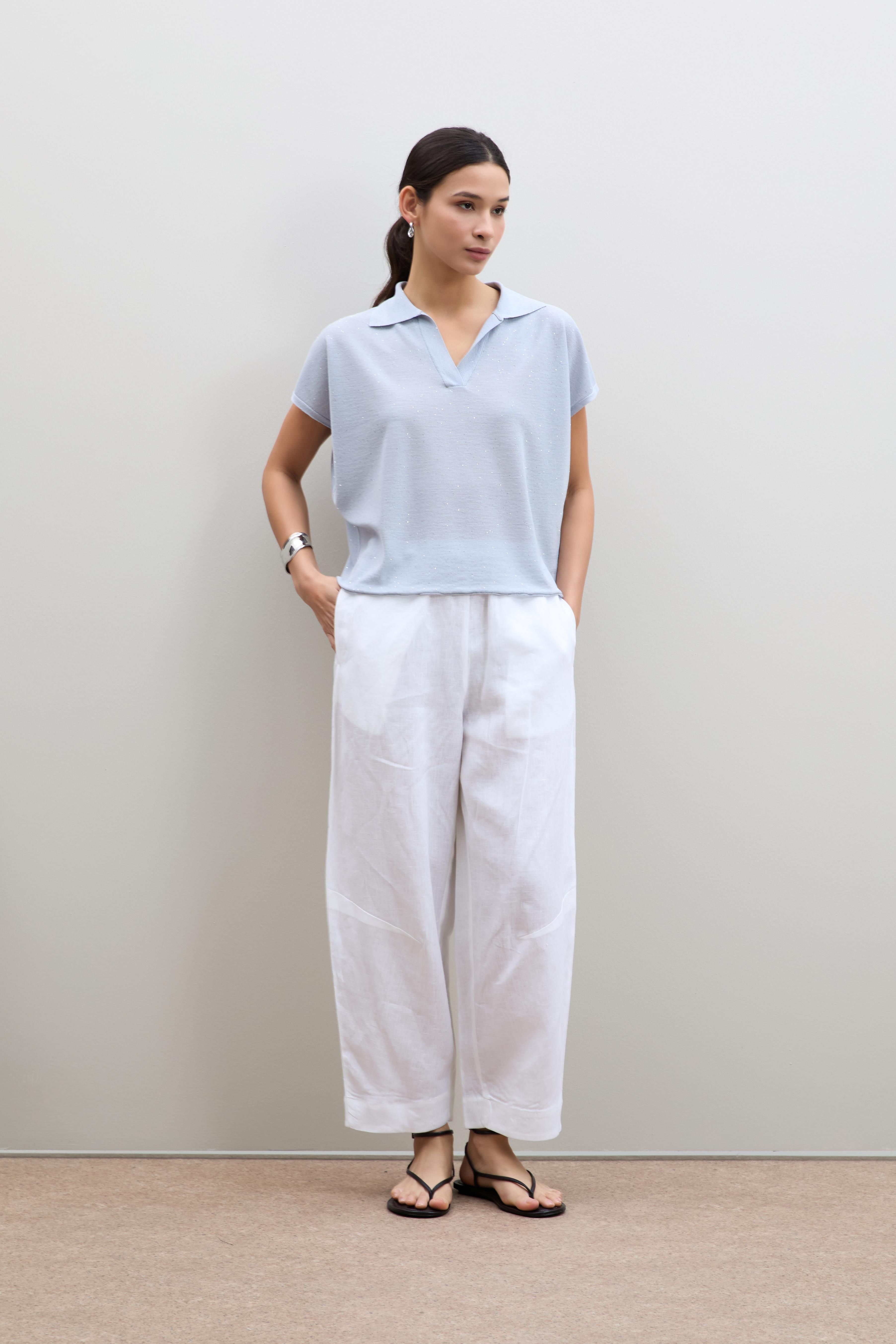 Polo Yaka Mini Payetli Şerit Detaylı Kazak