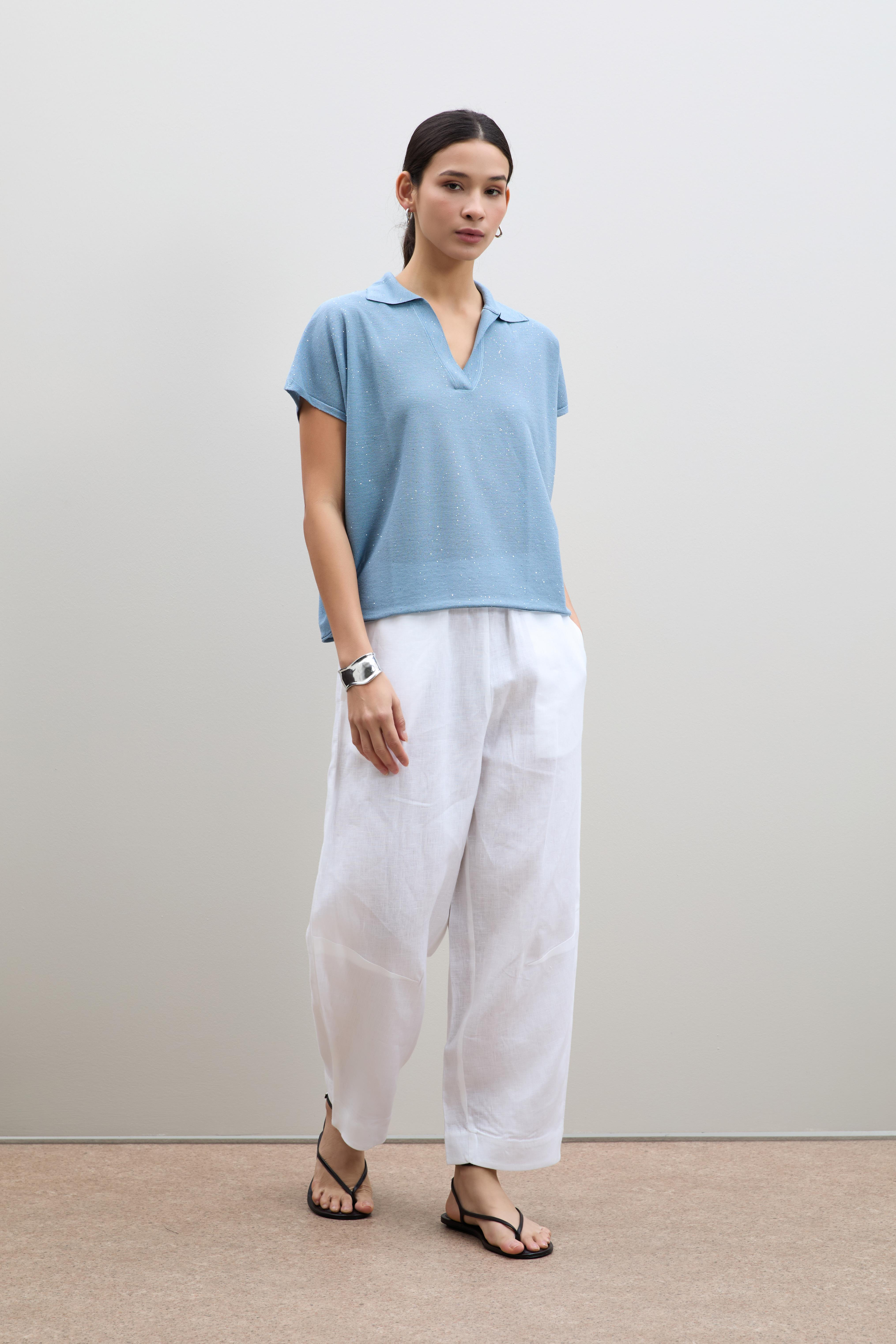 Polo Yaka Mini Payetli Şerit Detaylı Kazak