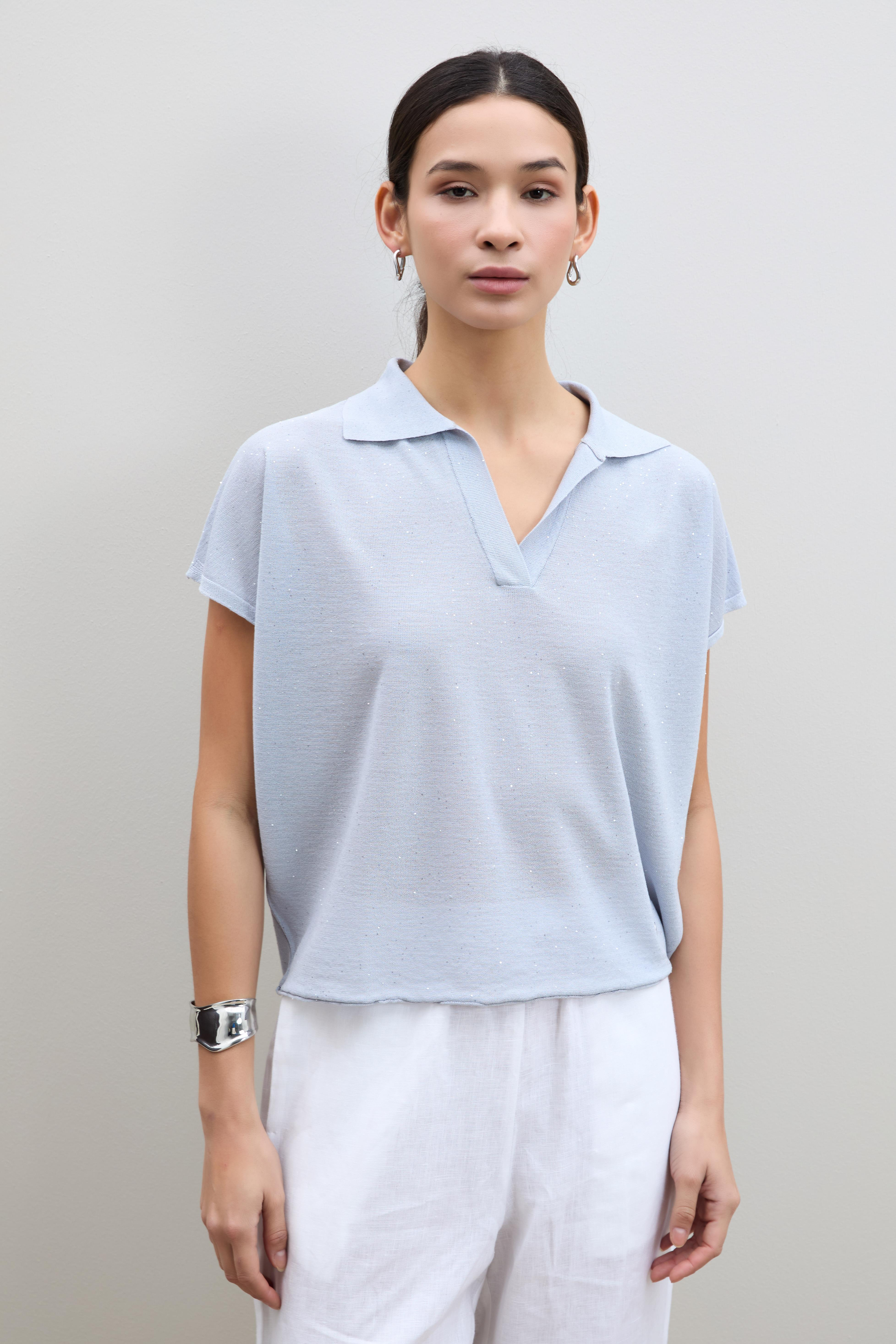 Polo Yaka Mini Payetli Şerit Detaylı Kazak