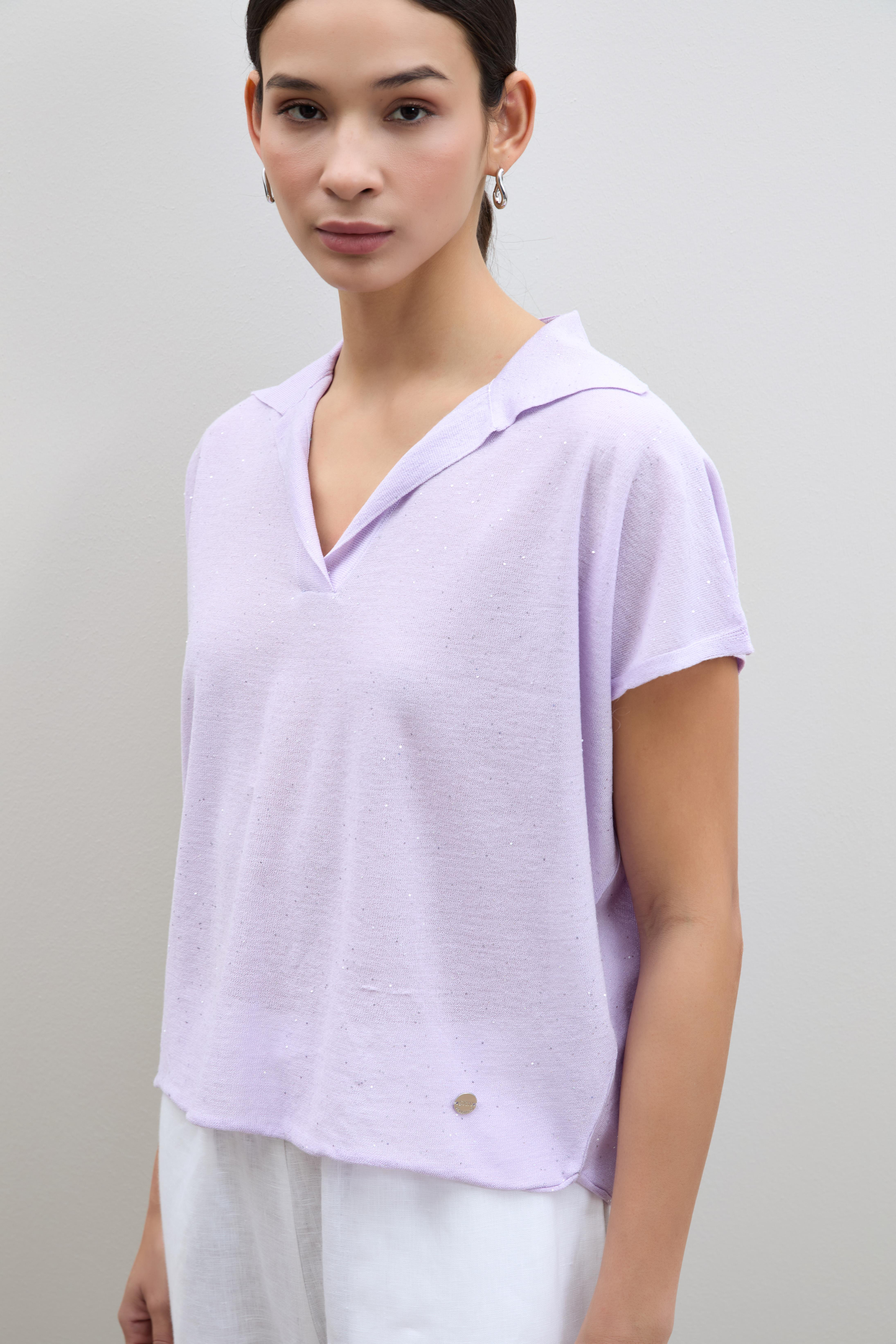 Polo Yaka Mini Payetli Şerit Detaylı Kazak