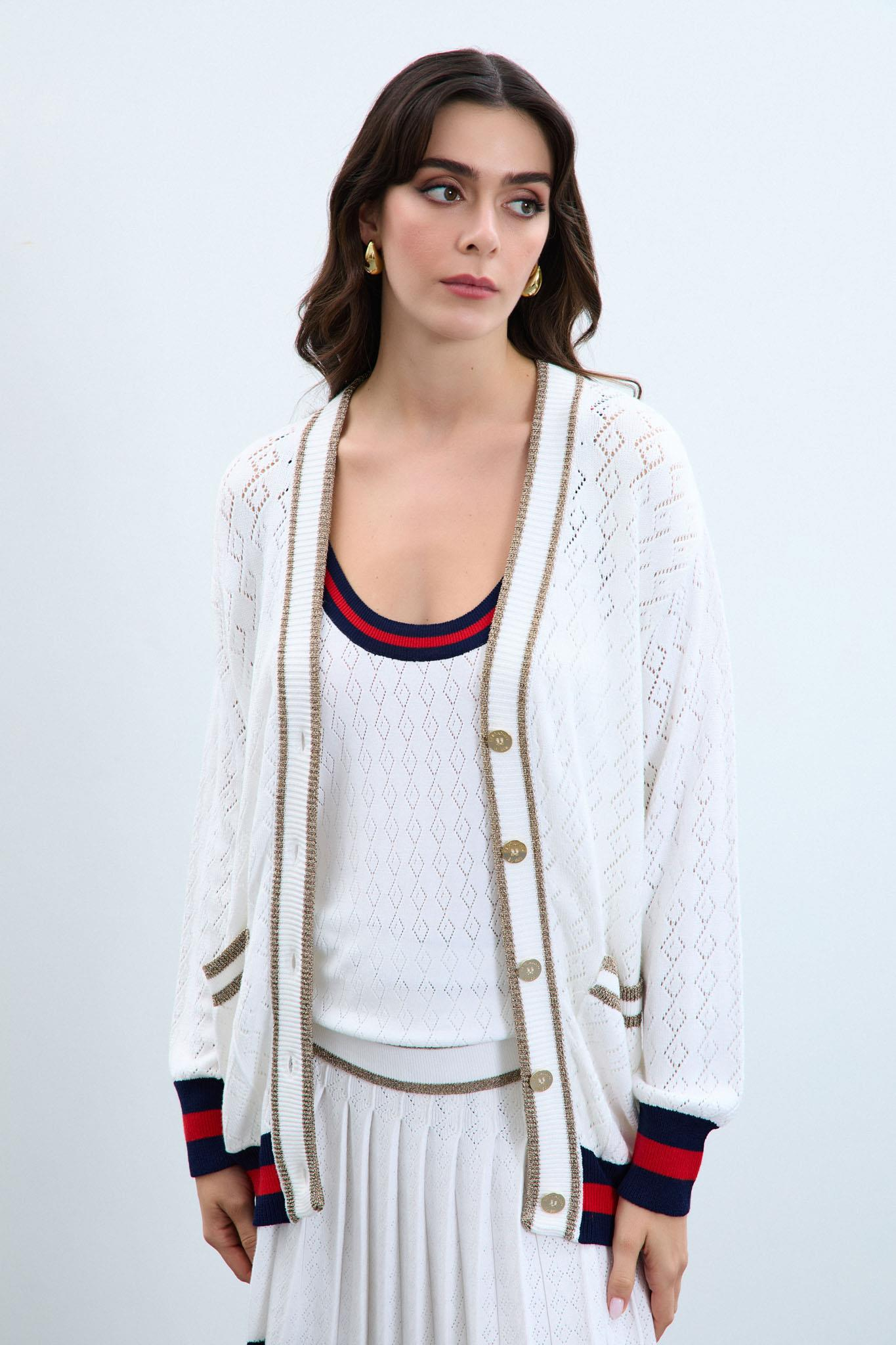 Renk Geçişli Metalik İp Detaylı Düğmeli Hırka