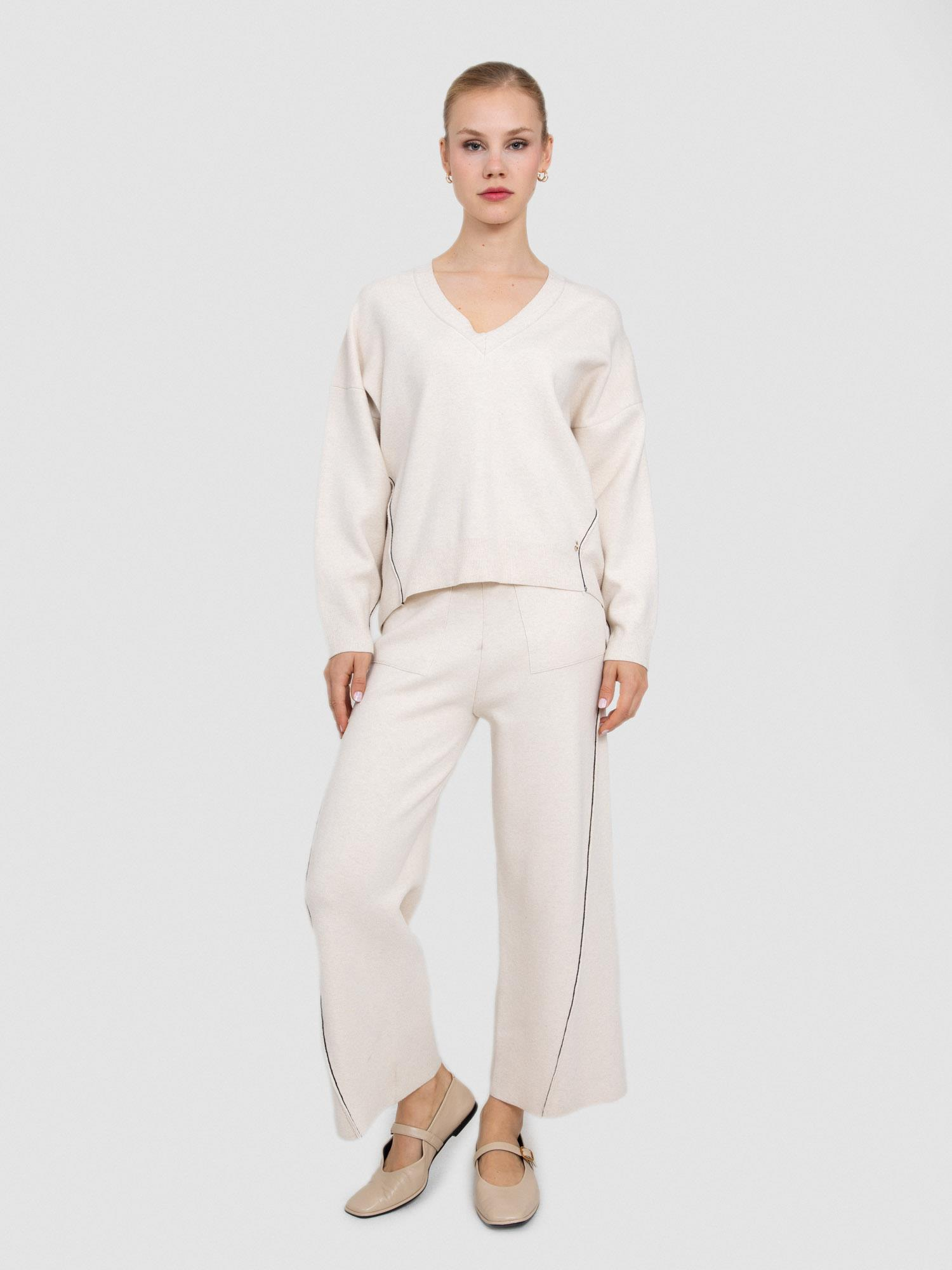 Şerit Detaylı Yüksek Bel Bol Paça Pantolon