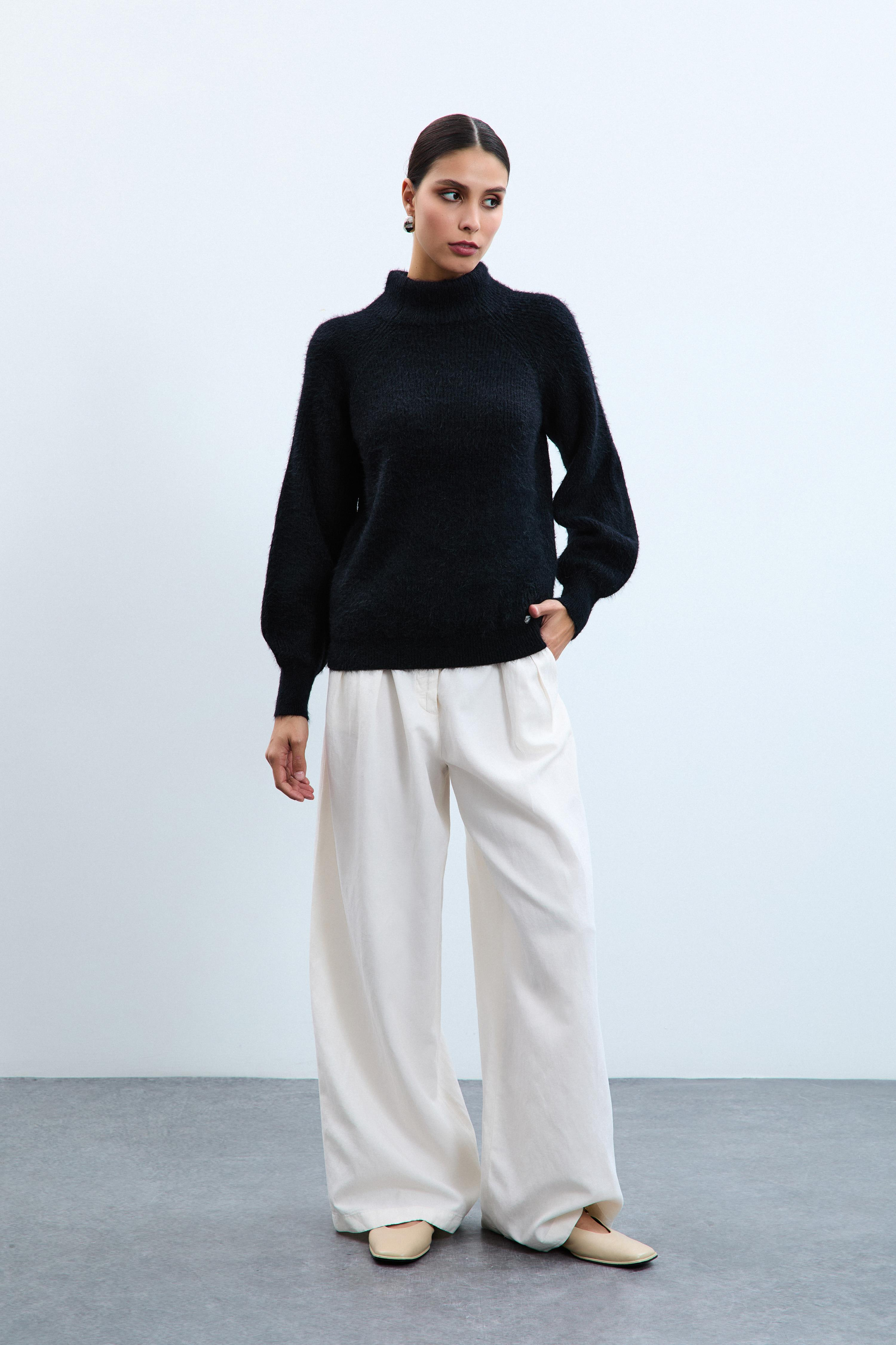 Yün Karışımlı Balıkçı Yaka Fitilli Kazak