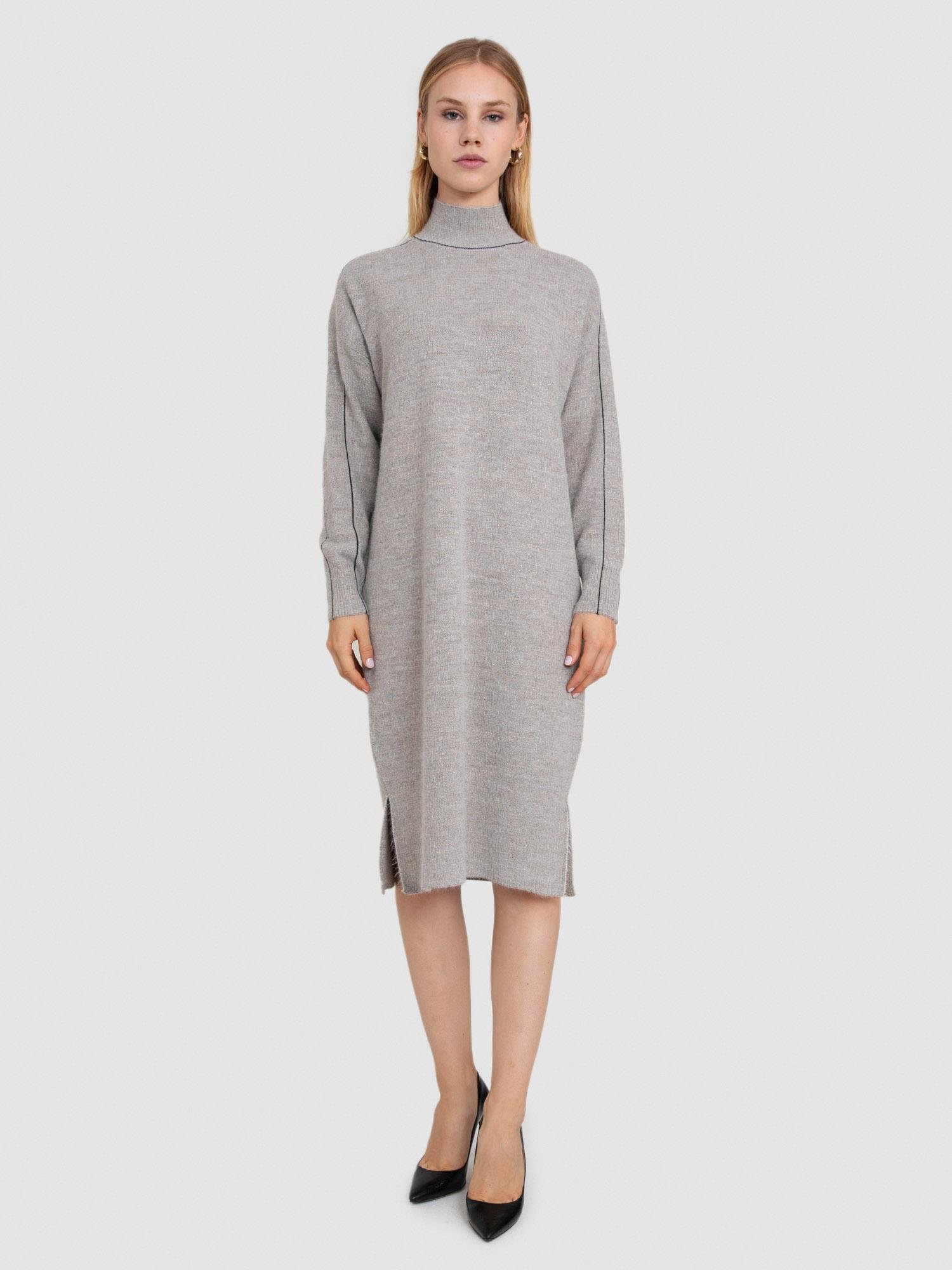 Yün Karışımlı Şerit Detaylı Dik Yaka Tüylü Elbise