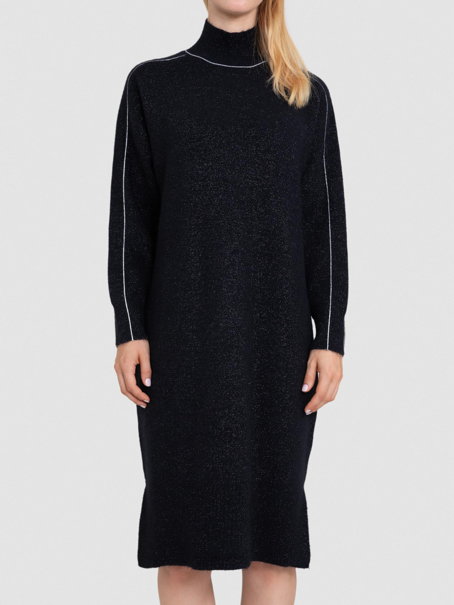 Yün Karışımlı Şerit Detaylı Dik Yaka Tüylü Elbise