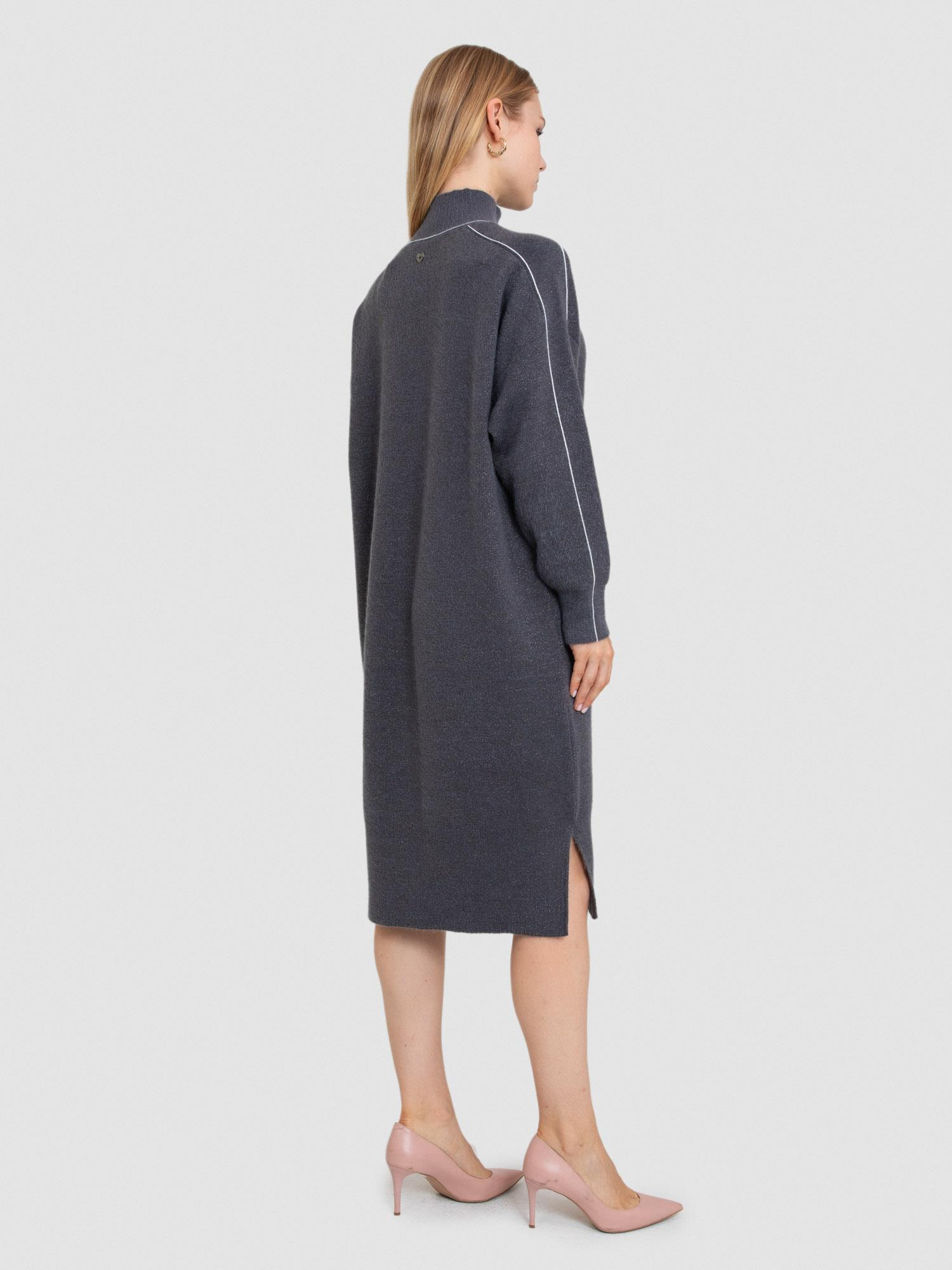 Yün Karışımlı Şerit Detaylı Dik Yaka Tüylü Elbise