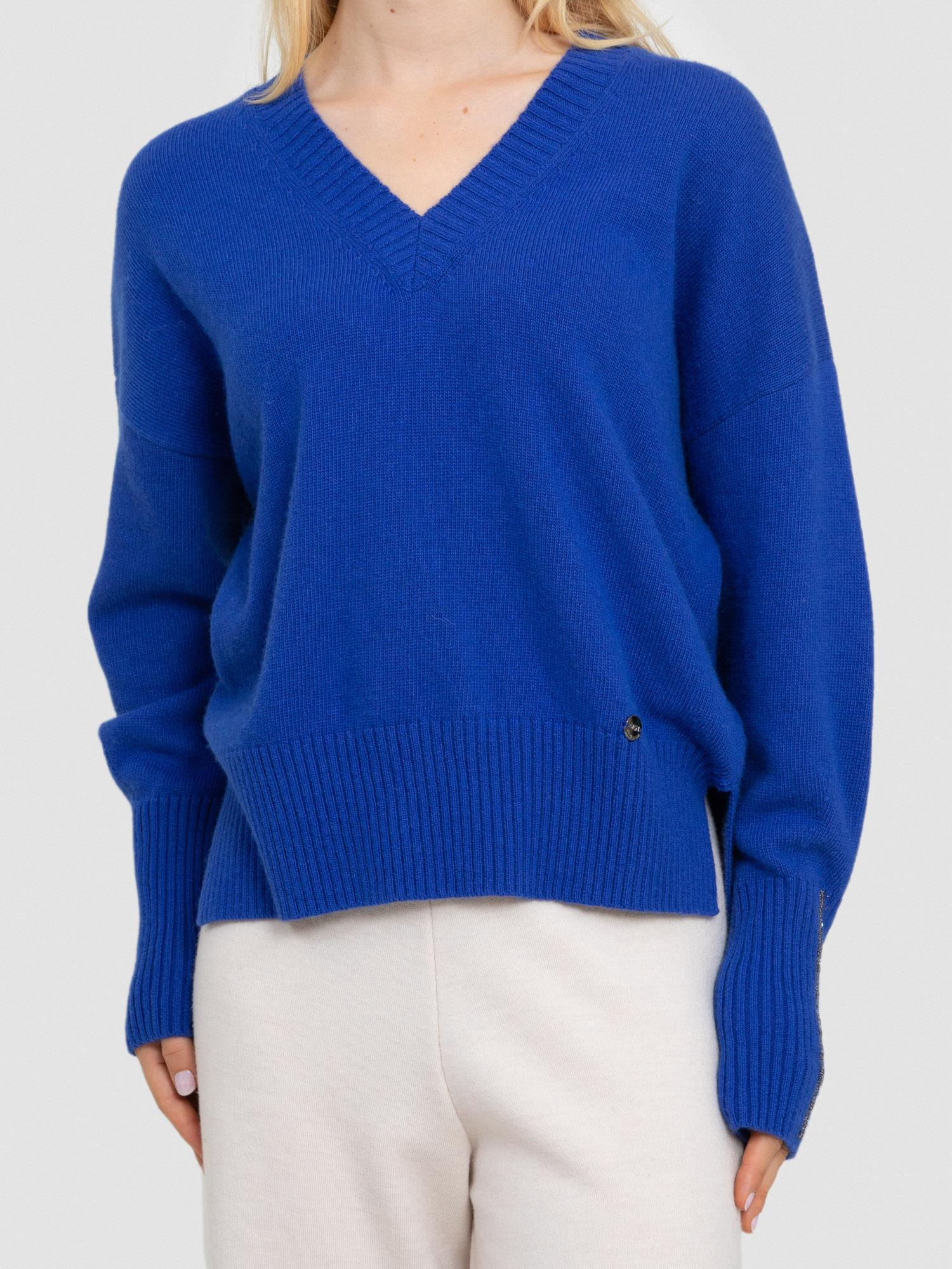 Yün Karışımlı V Yaka Metalik Şerit Detaylı Kazak