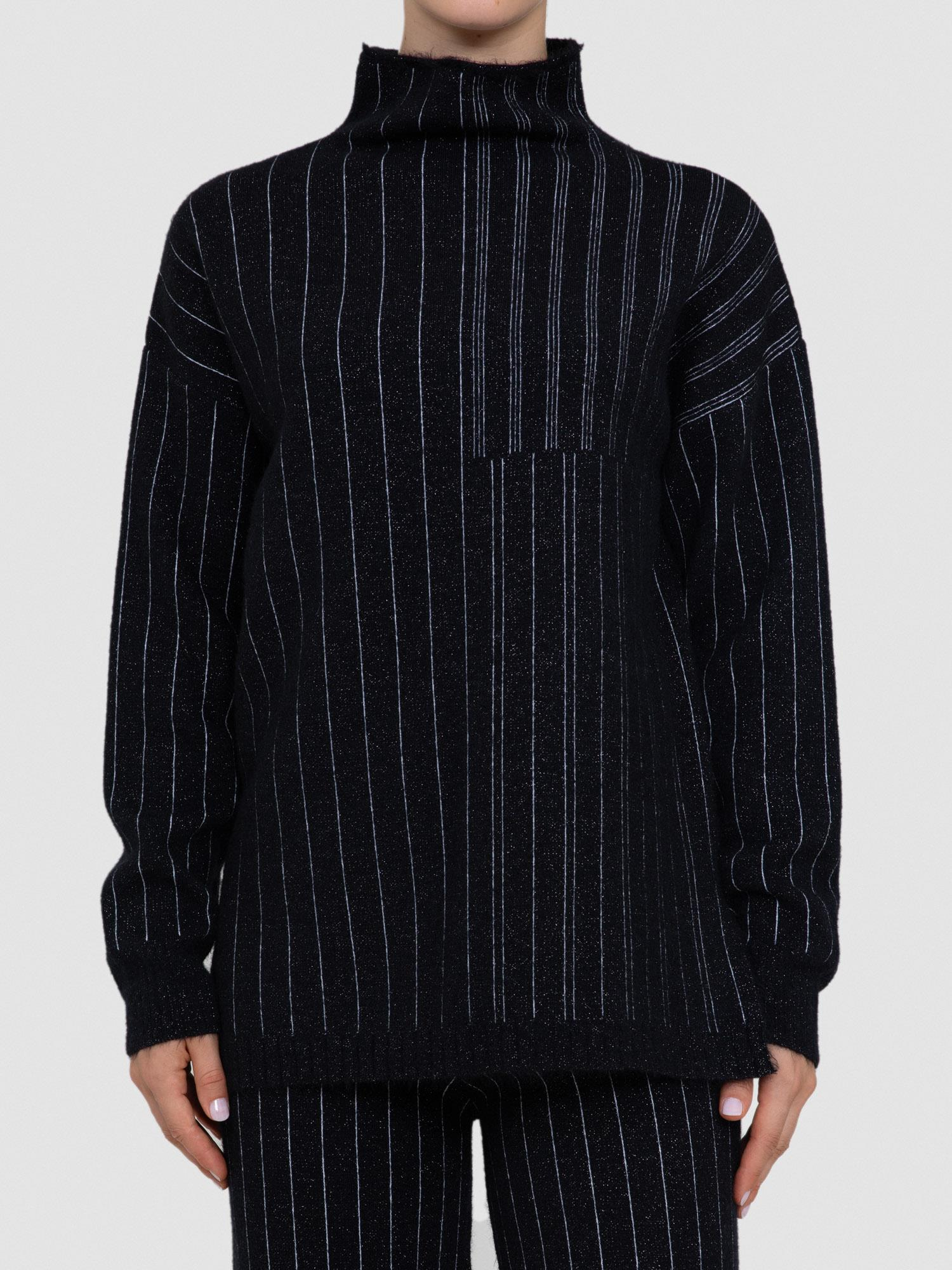 Yün Karışımlı Zıt Renk Şeritli Dik Yaka Kazak