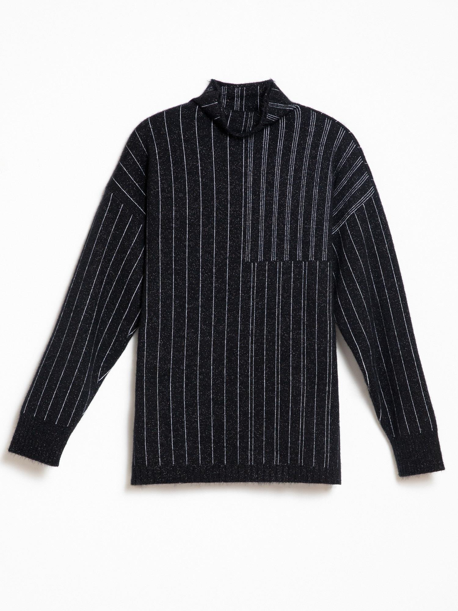 Yün Karışımlı Zıt Renk Şeritli Dik Yaka Kazak