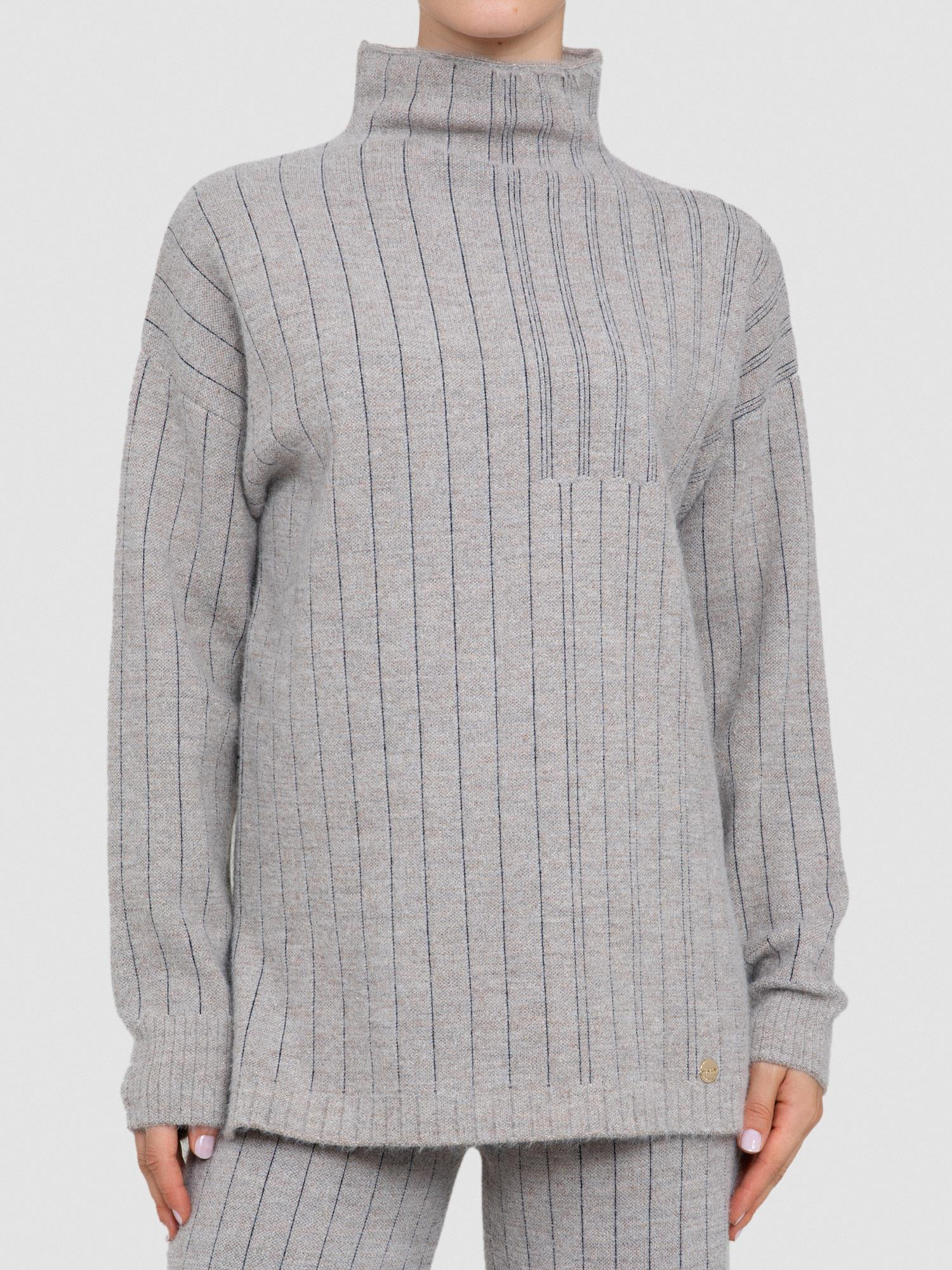 Yün Karışımlı Zıt Renk Şeritli Dik Yaka Kazak