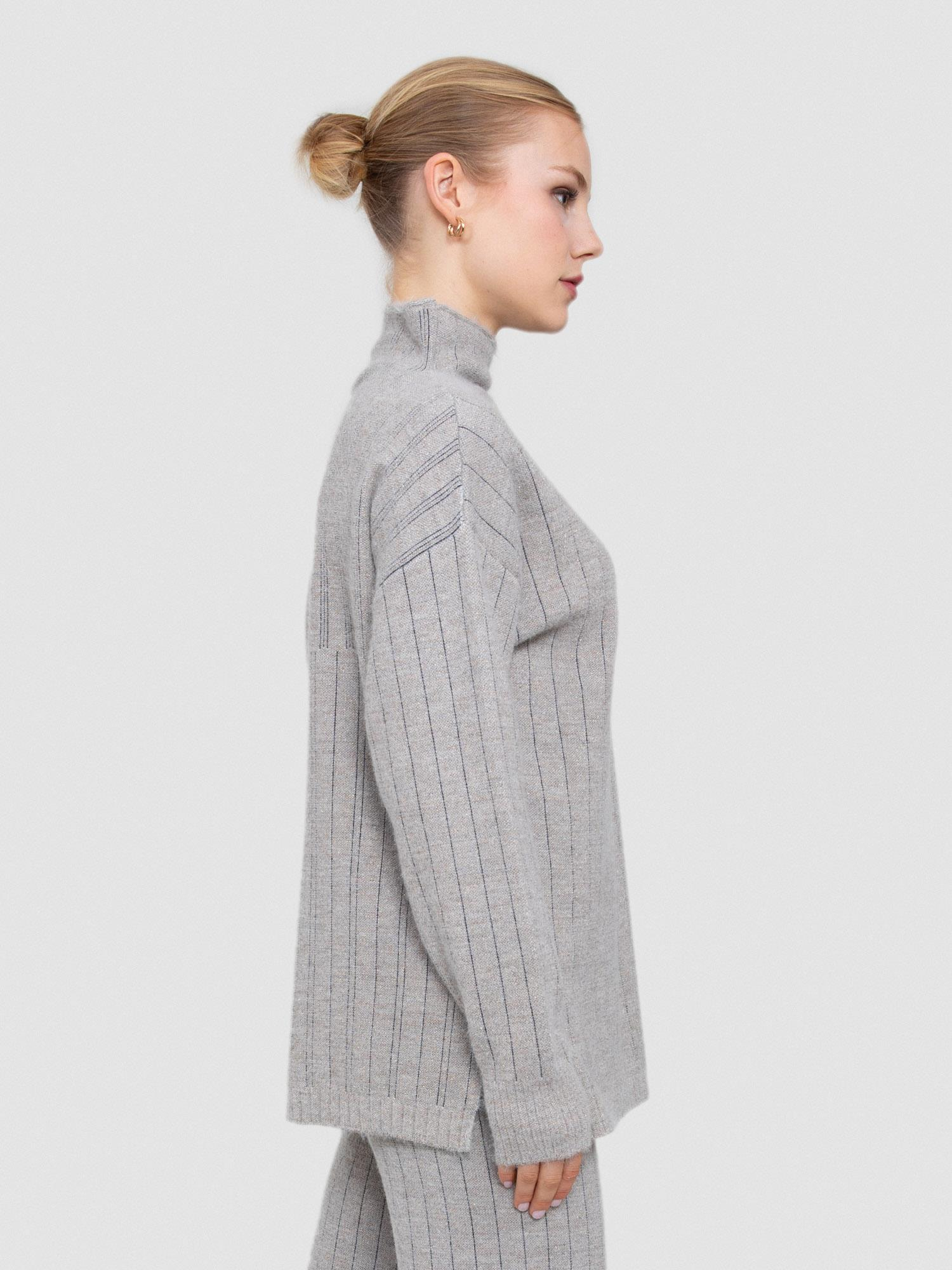 Yün Karışımlı Zıt Renk Şeritli Dik Yaka Kazak