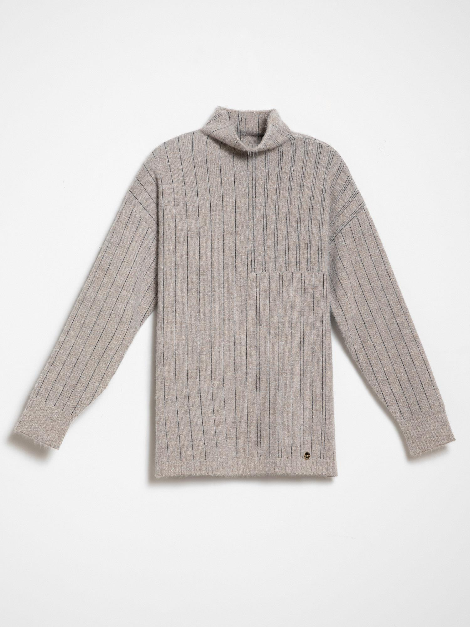 Yün Karışımlı Zıt Renk Şeritli Dik Yaka Kazak