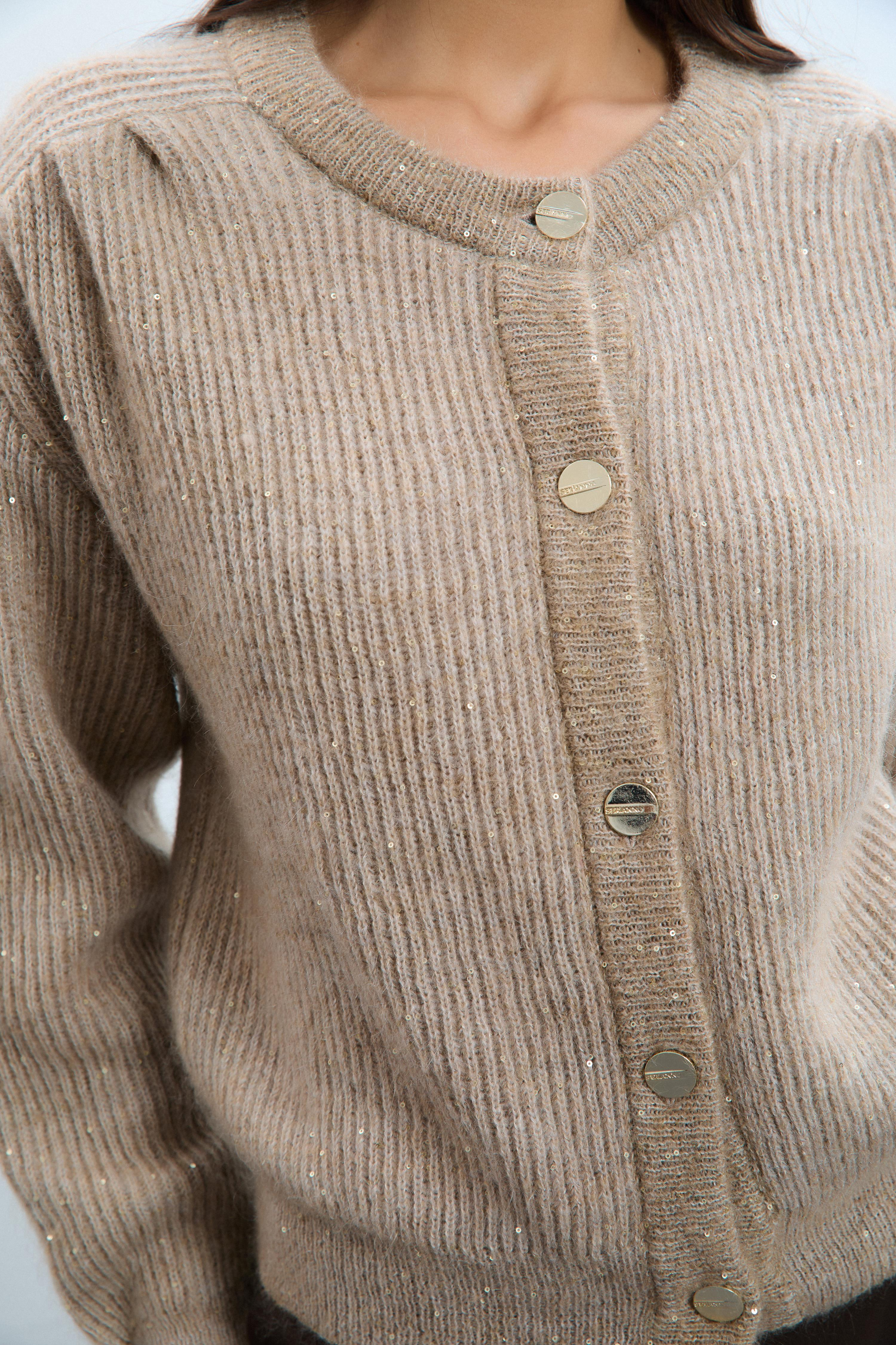 Yün ve Mohair Karışımlı Drape Detaylı Pullu Hırka