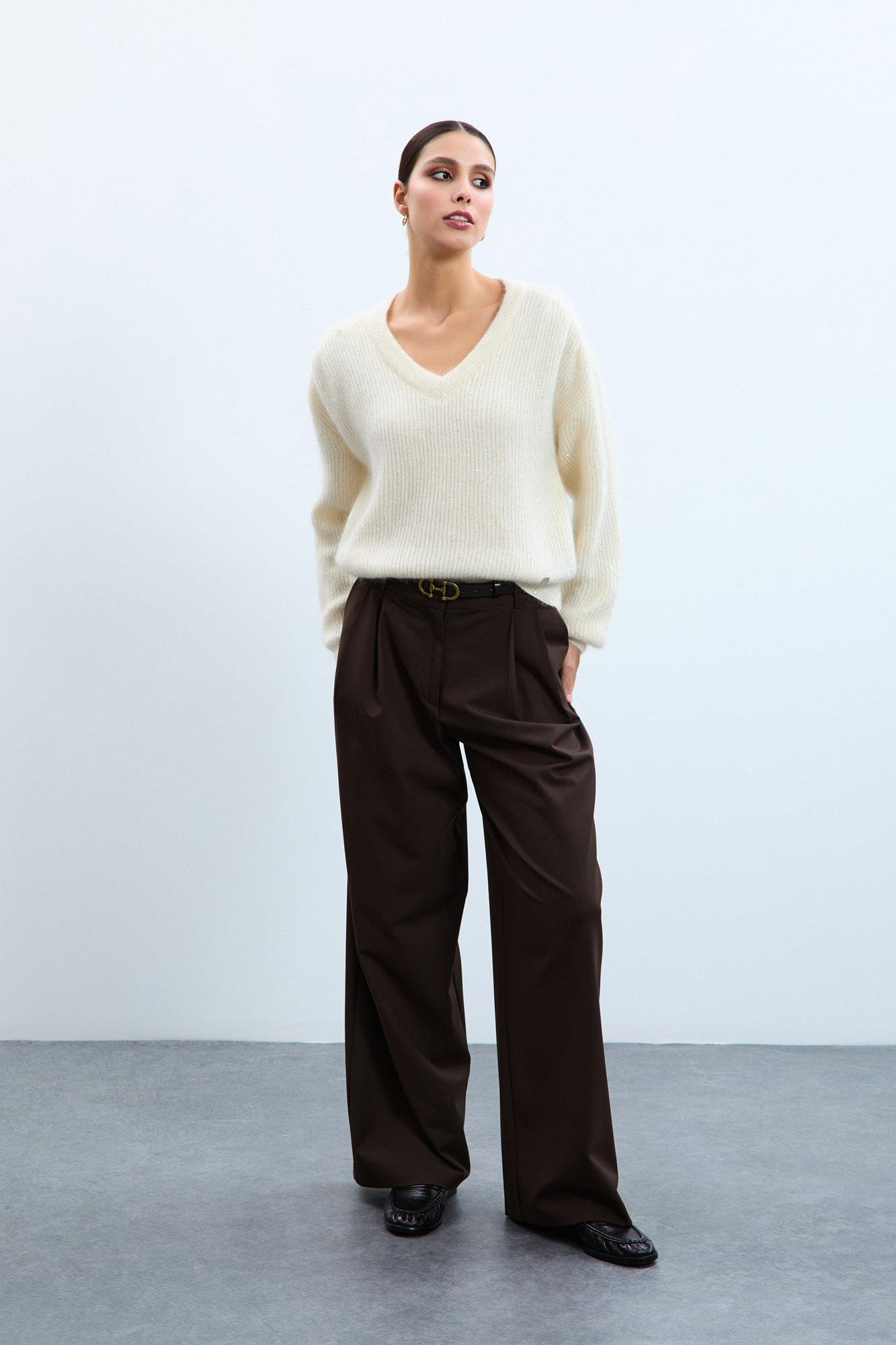 Yün ve Mohair Karışımlı Drape Detaylı Pullu Kazak