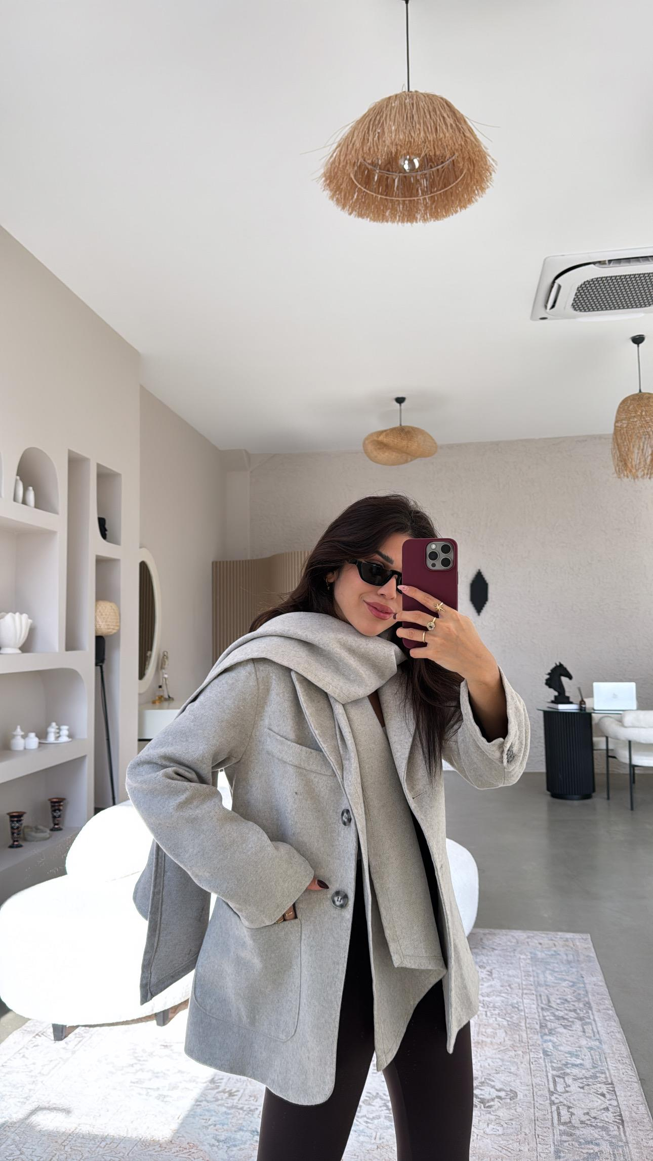 Açık Gri Premium Kaşe Şallı Ceket