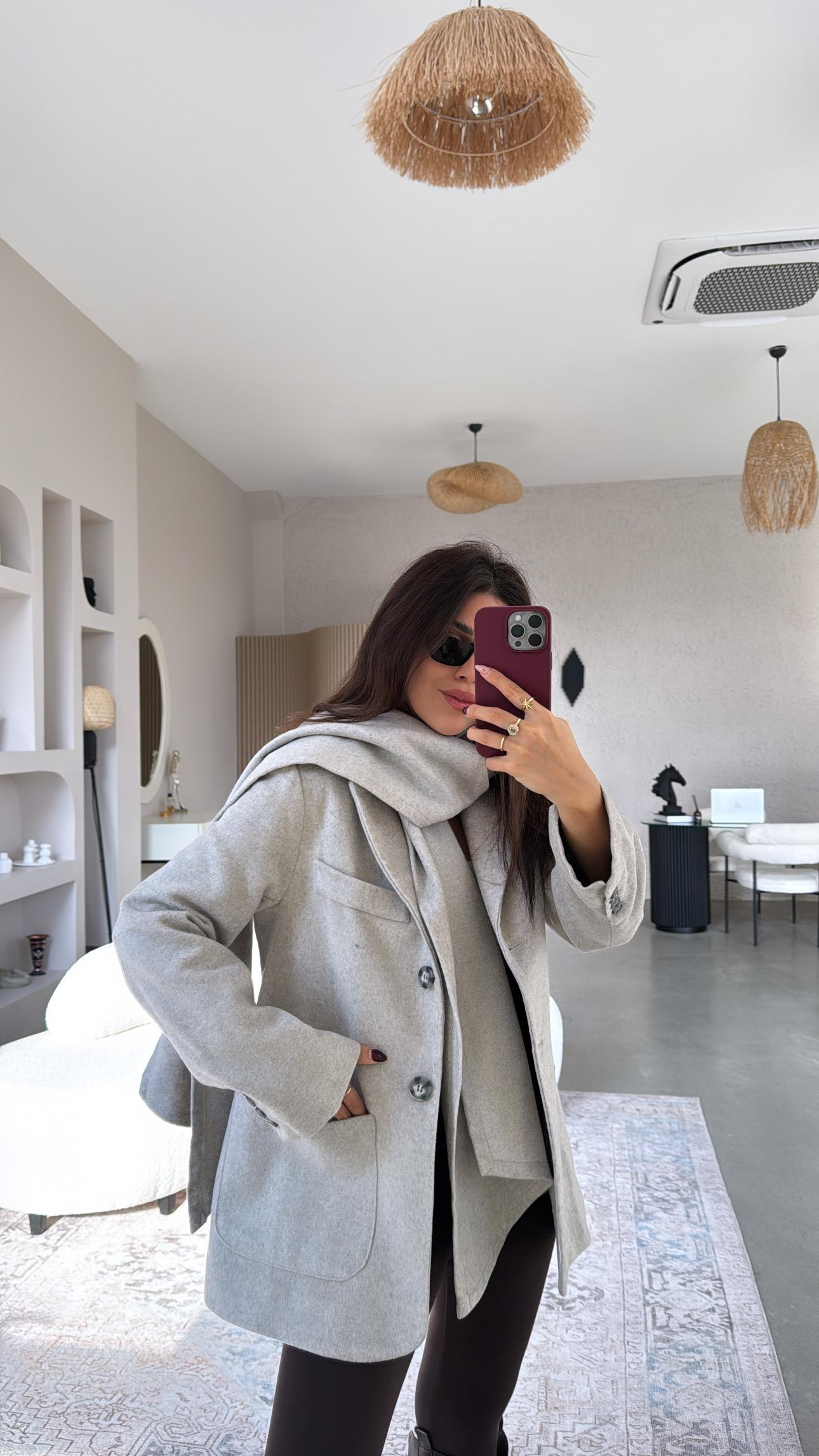 Açık Gri Premium Kaşe Şallı Ceket