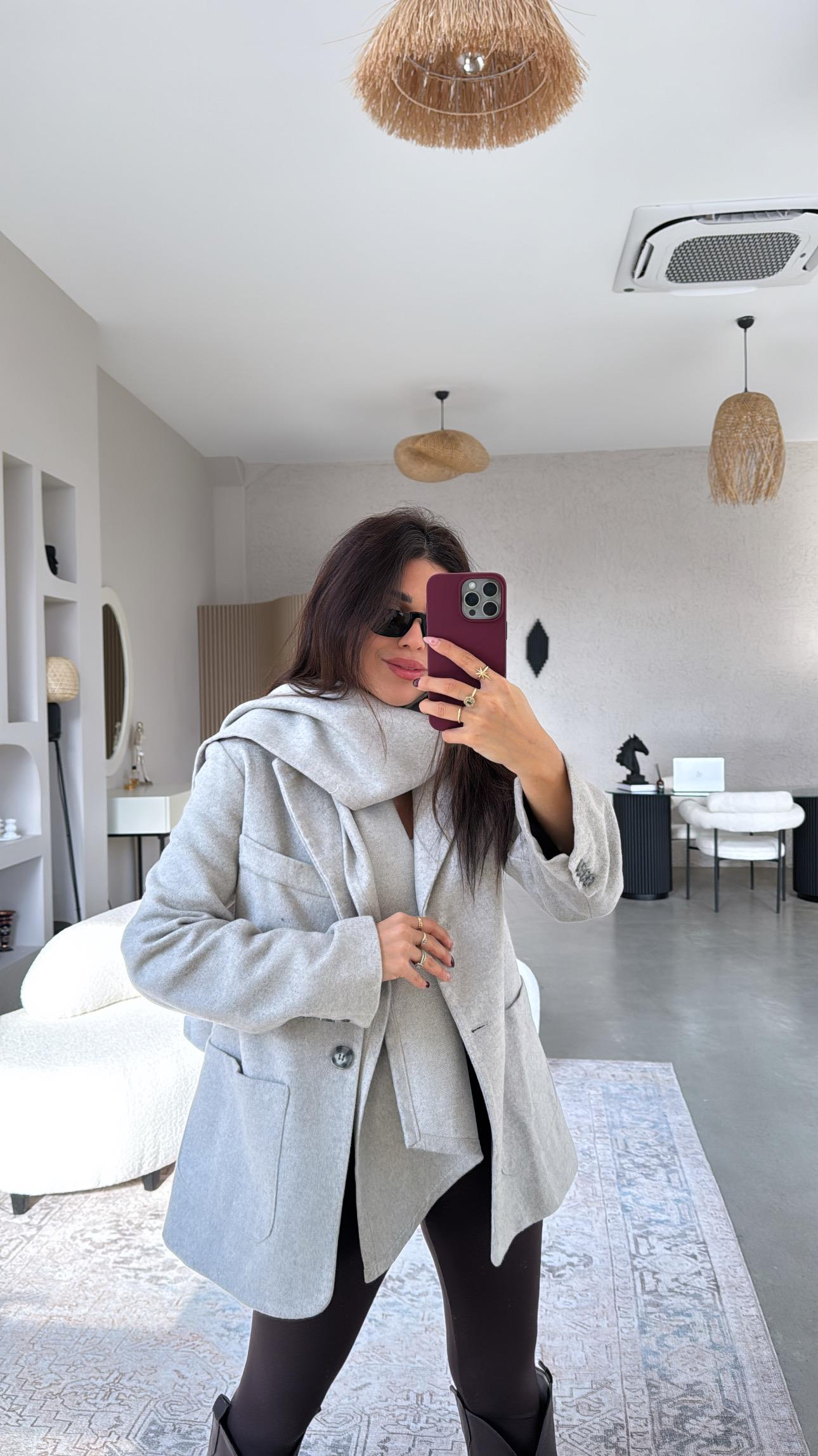 Açık Gri Premium Kaşe Şallı Ceket