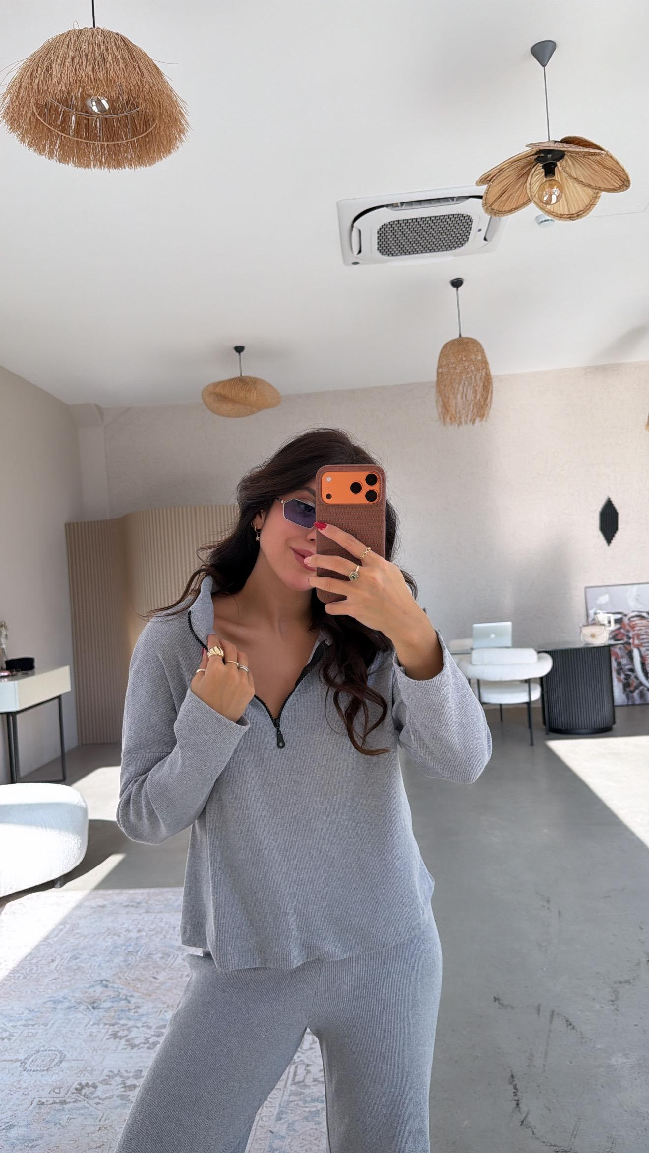 Açık Gri Yarım Fermuarlı Fitilli Basic Takım