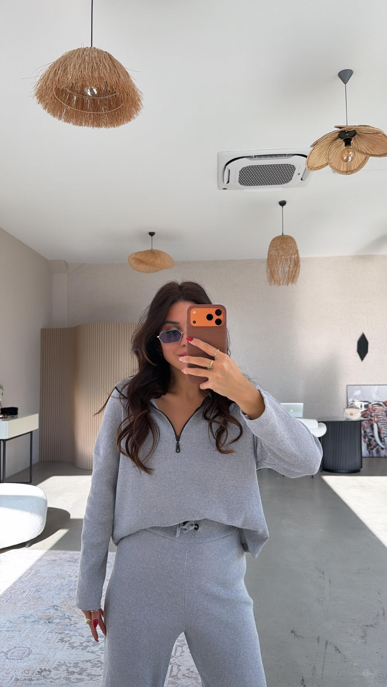 Açık Gri Yarım Fermuarlı Fitilli Basic Takım